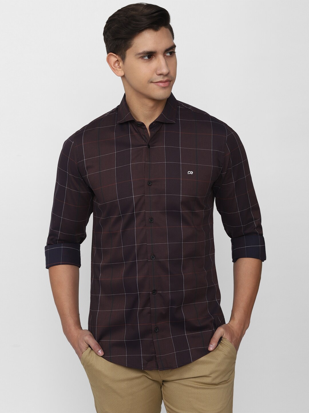 

Peter England Windowpane Checked Slim Fit Formal Shirt, Brown