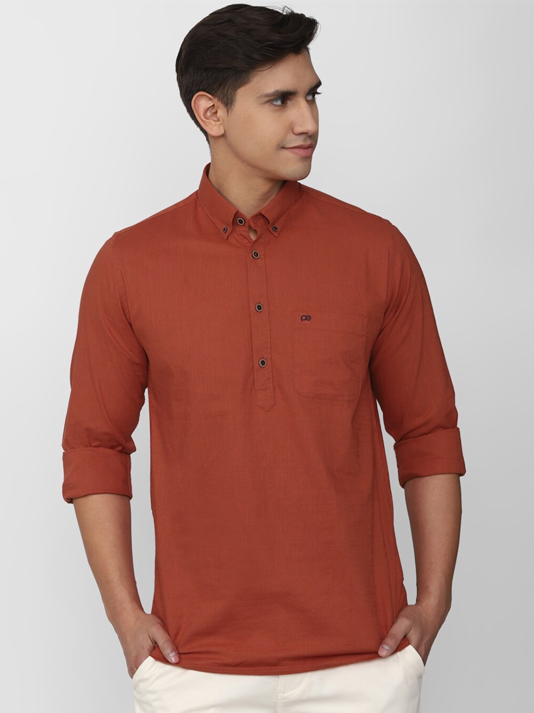 

Peter England Casuals Slim Fit Button Down Collar Casual Shirt, Orange