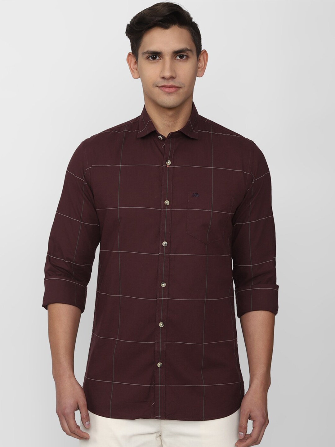 

Peter England Casuals Slim Fit Windowpane Checked Casual Cotton Shirt, Maroon