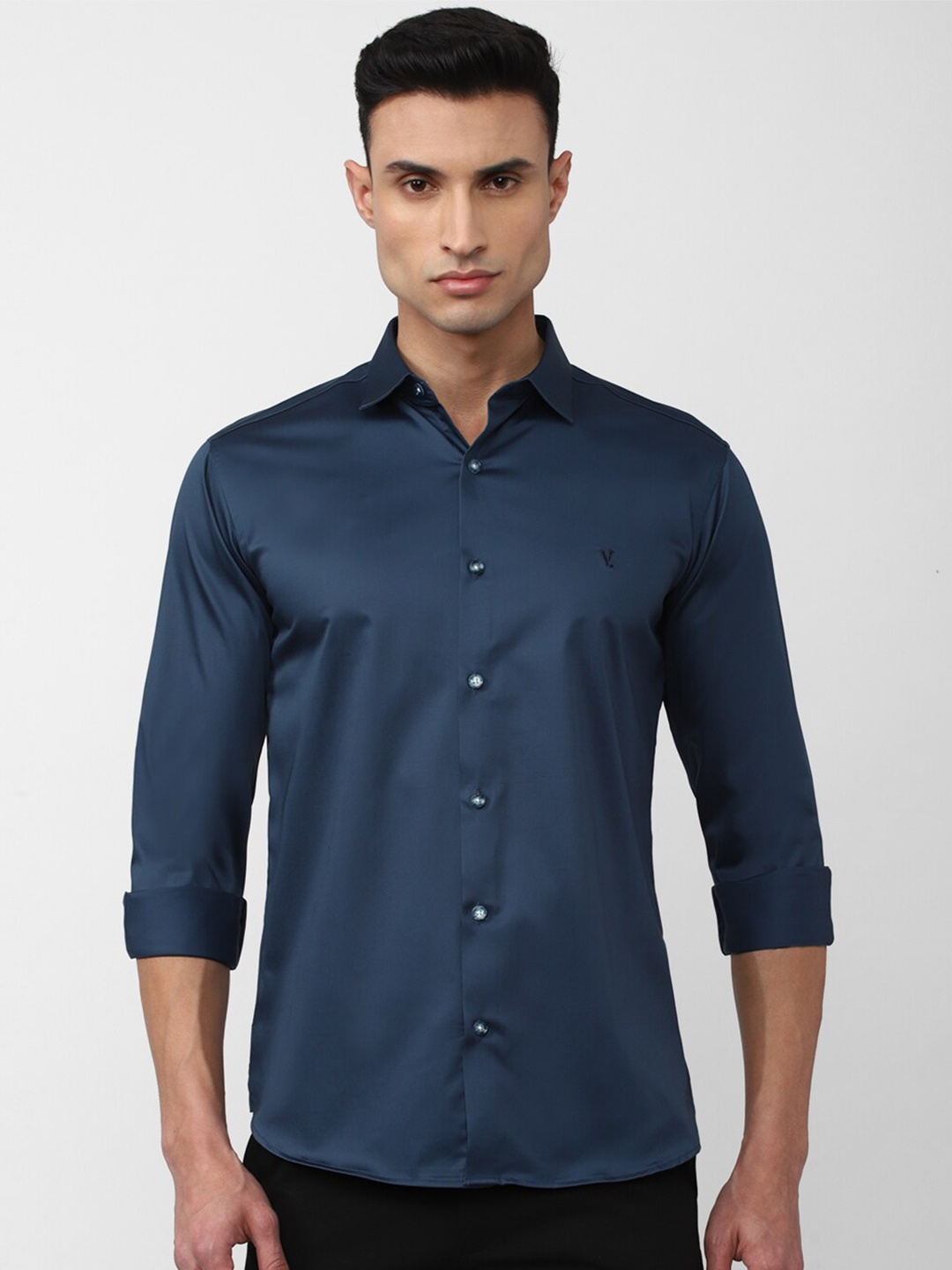 

V Dot Spread Collar Slim Fit Cotton Formal Shirt, Navy blue