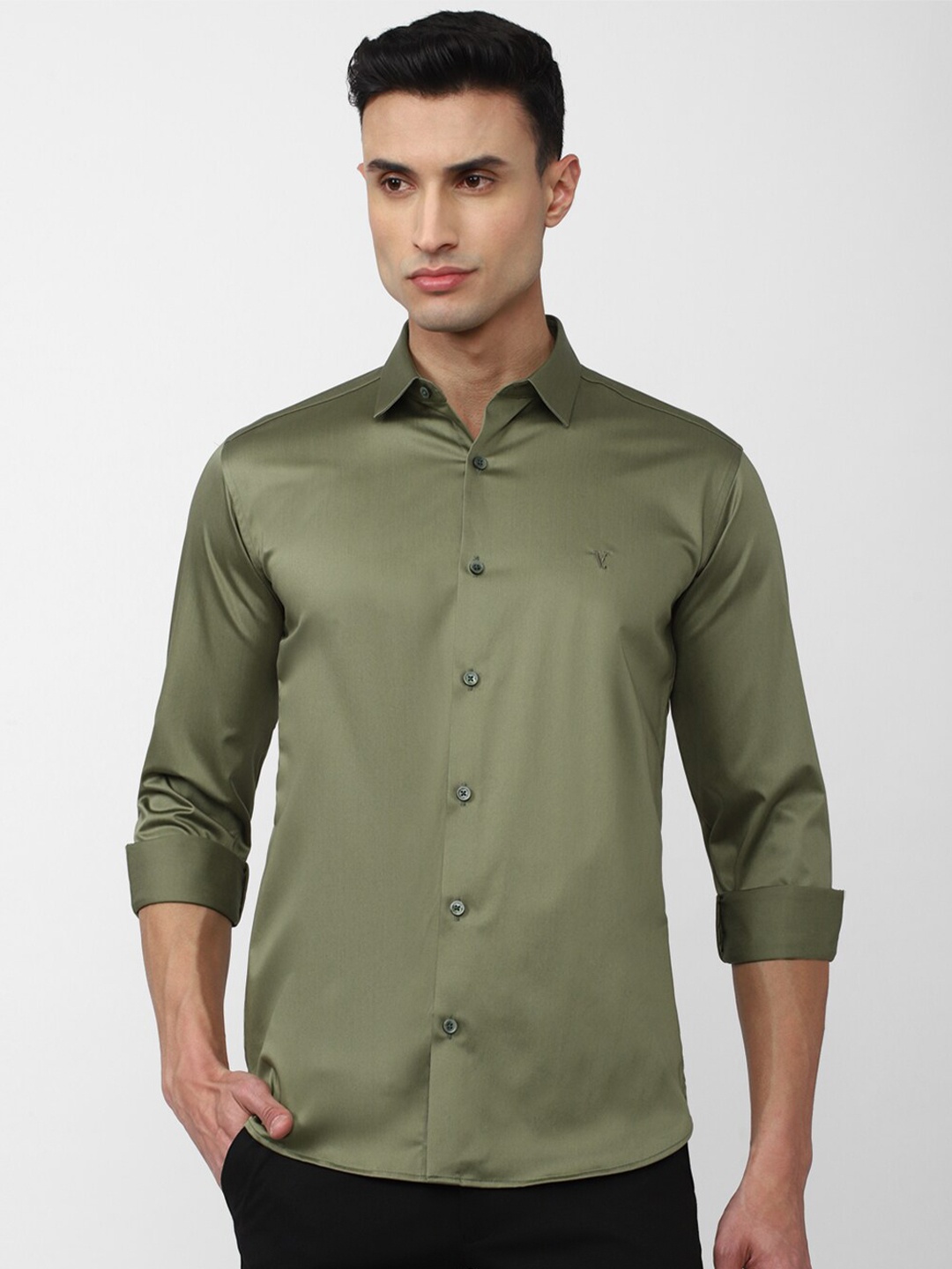 

V Dot Spread Collar Slim Fit Casual Shirt, Olive
