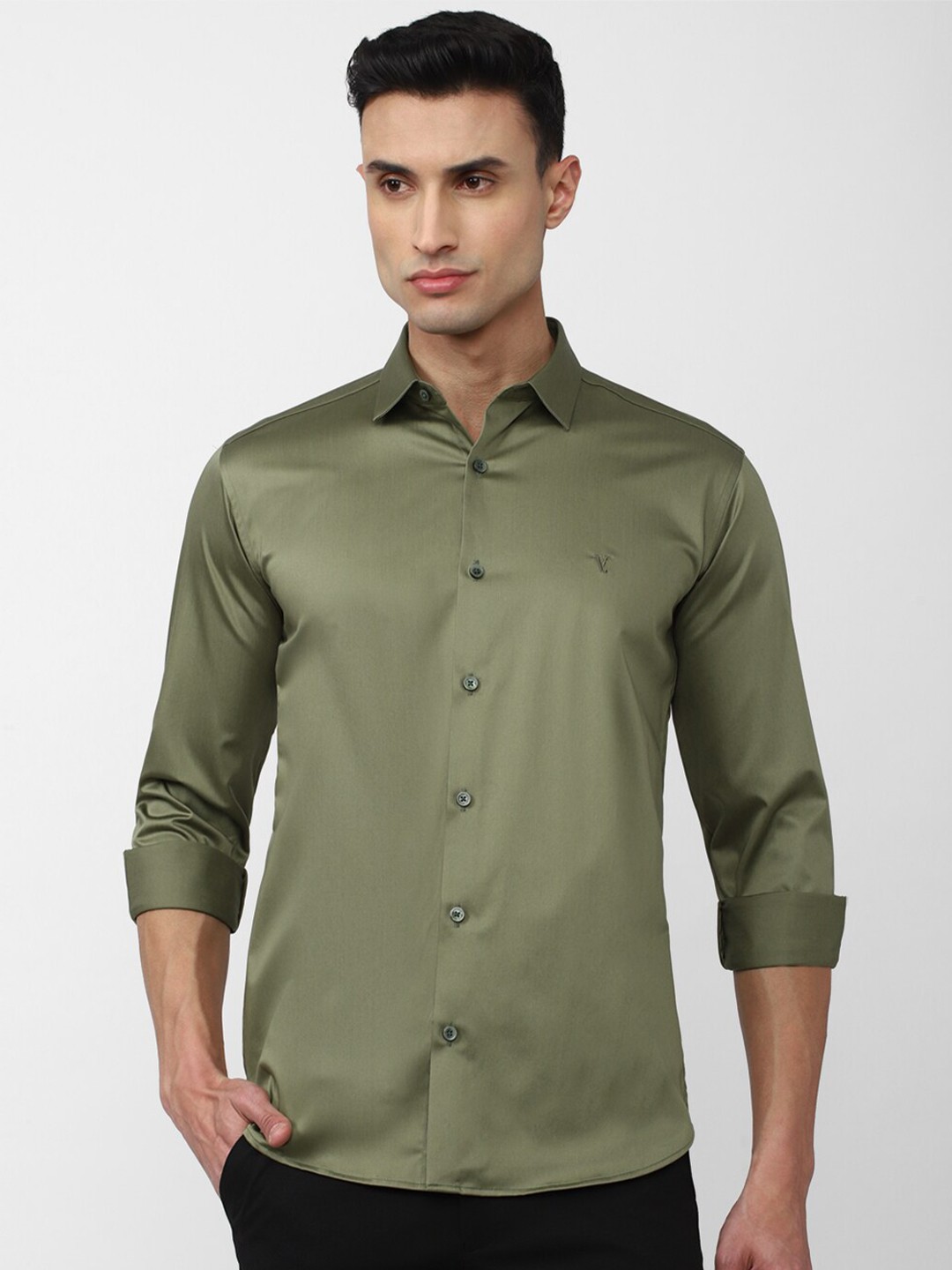 

V Dot Long Sleeves Slim Fit Casual Shirt, Olive