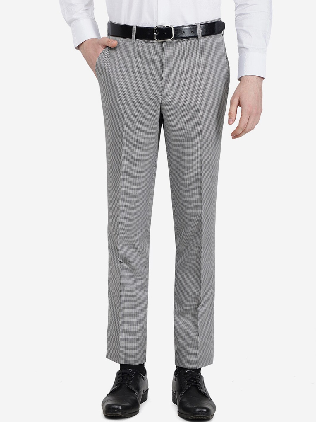 

METAL Men Slim Fit Checked Formal Trousers, Grey