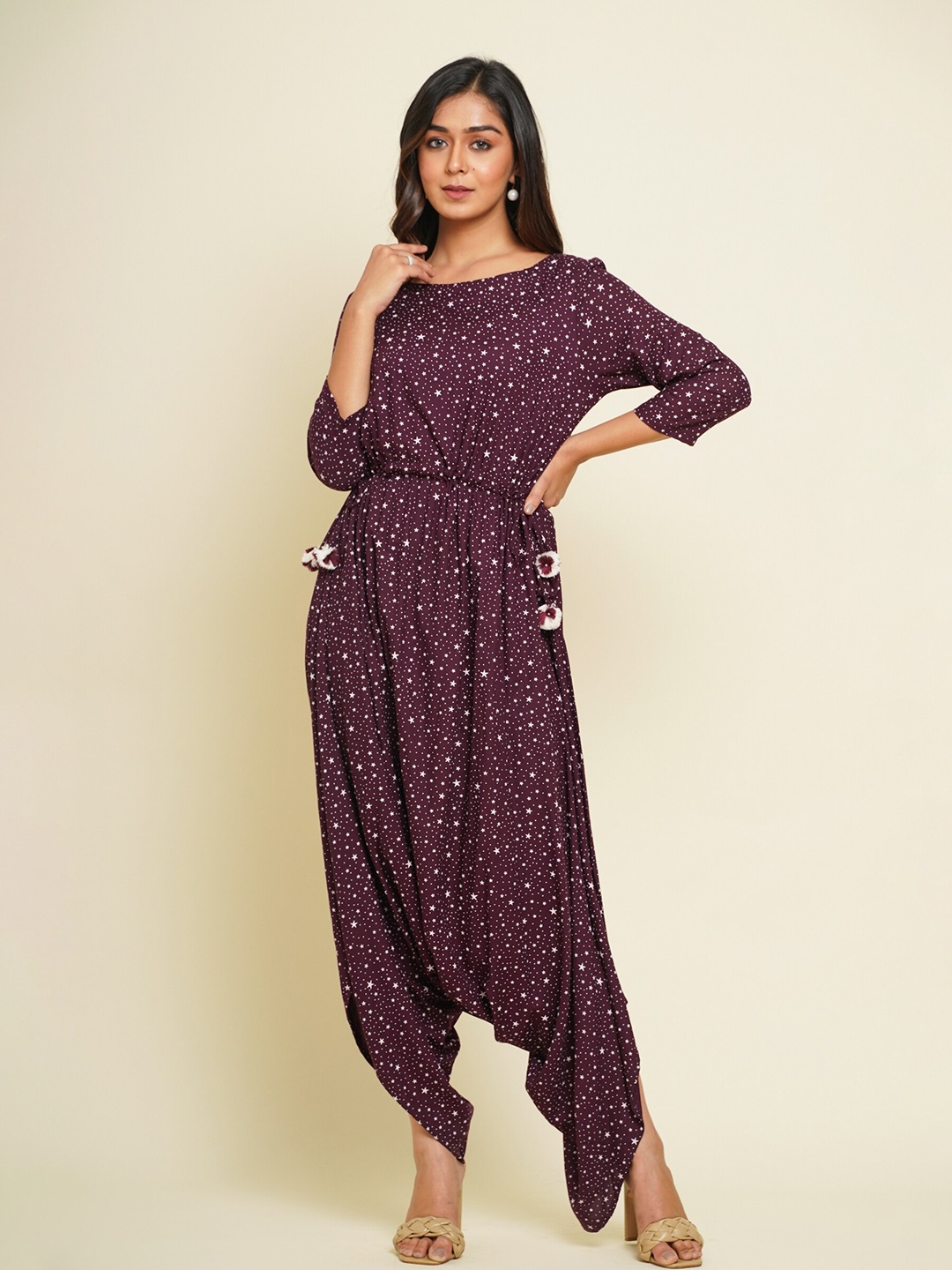 

FLAMBOYANT Maroon & White Printed Dhoti Jumpsuit