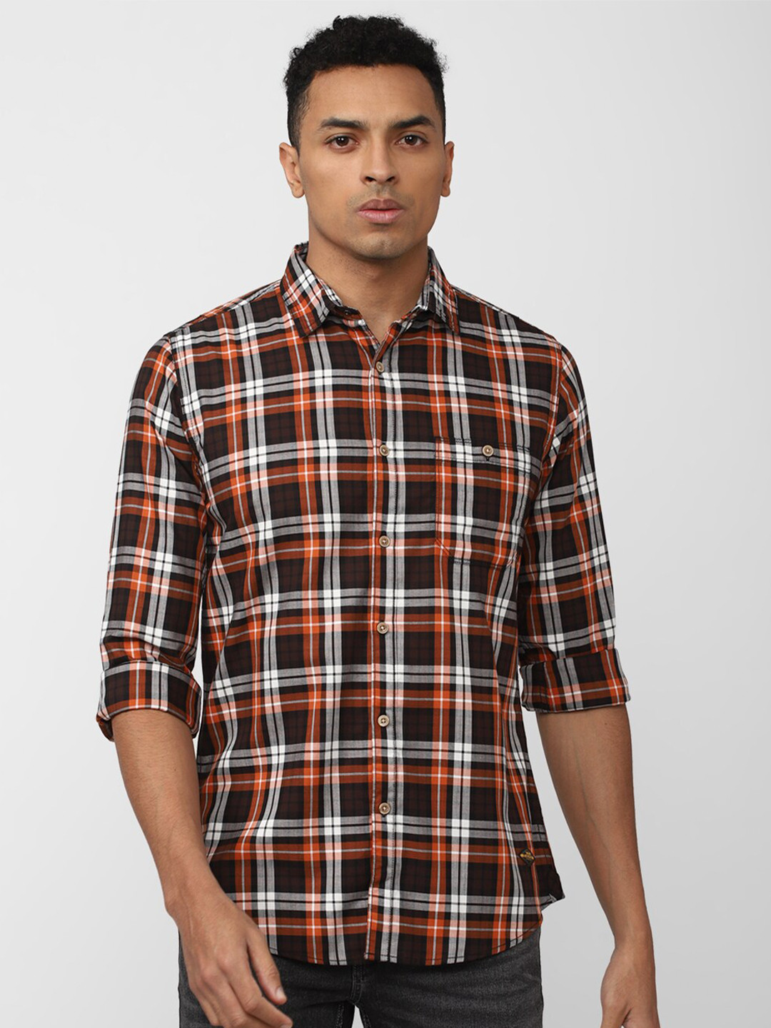 

VAN HEUSEN DENIM LABS Slim Fit Tartan Checks Checked Casual Shirt, Orange