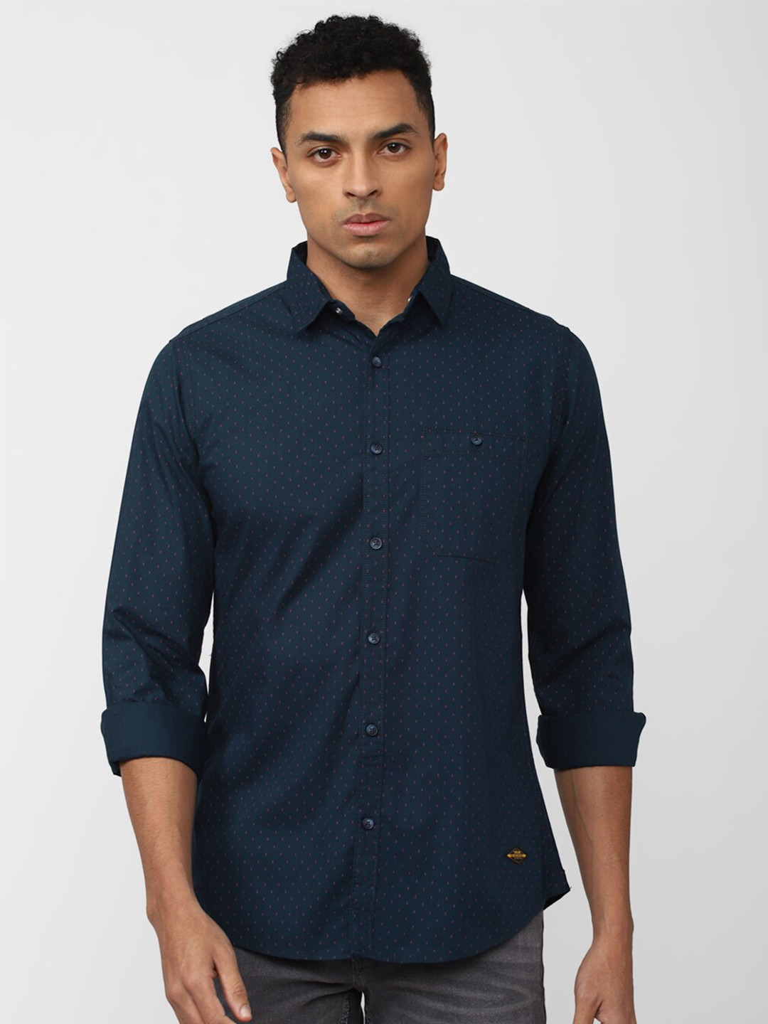 

VAN HEUSEN DENIM LABS Slim Fit Micro Ditsy Printed Casual Cotton Shirt, Navy blue