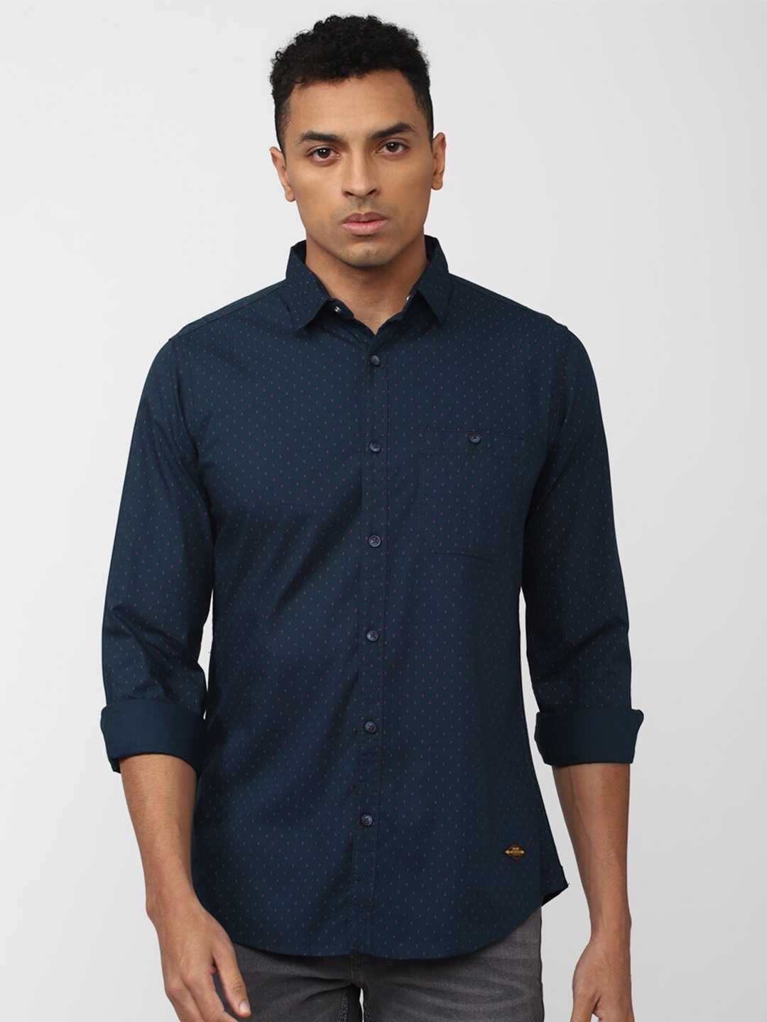 

VAN HEUSEN DENIM LABS Slim Fit Micro Ditsy Printed Casual Cotton Shirt, Navy blue