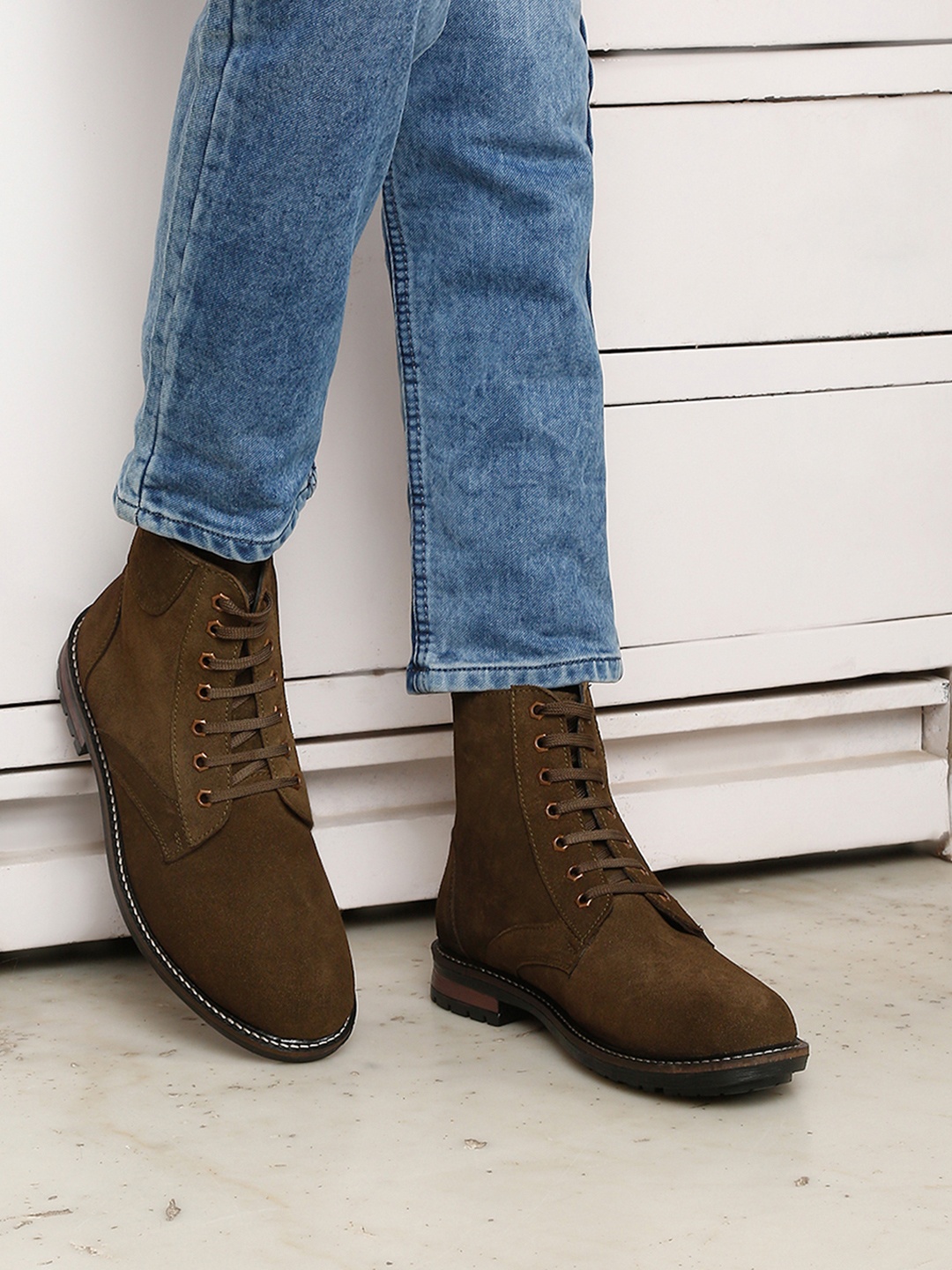 

LOUIS STITCH Men Leather Suede Mid-Top Boots, Olive