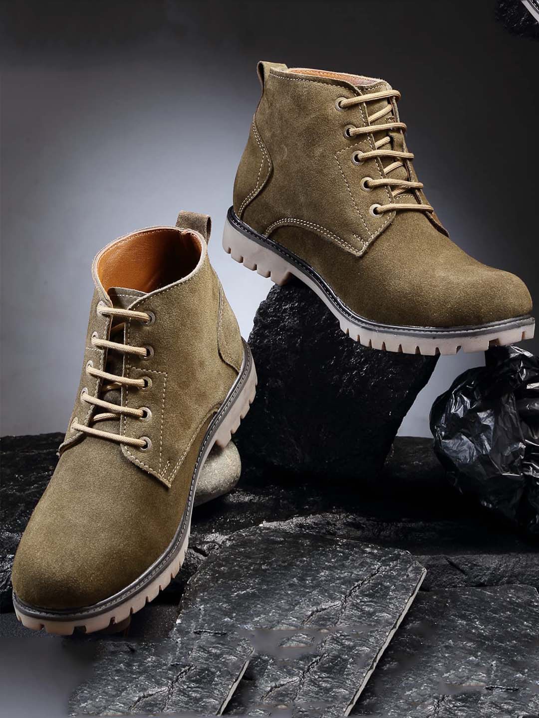 

LOUIS STITCH Men Suede Mid-Top Leather Boots, Olive