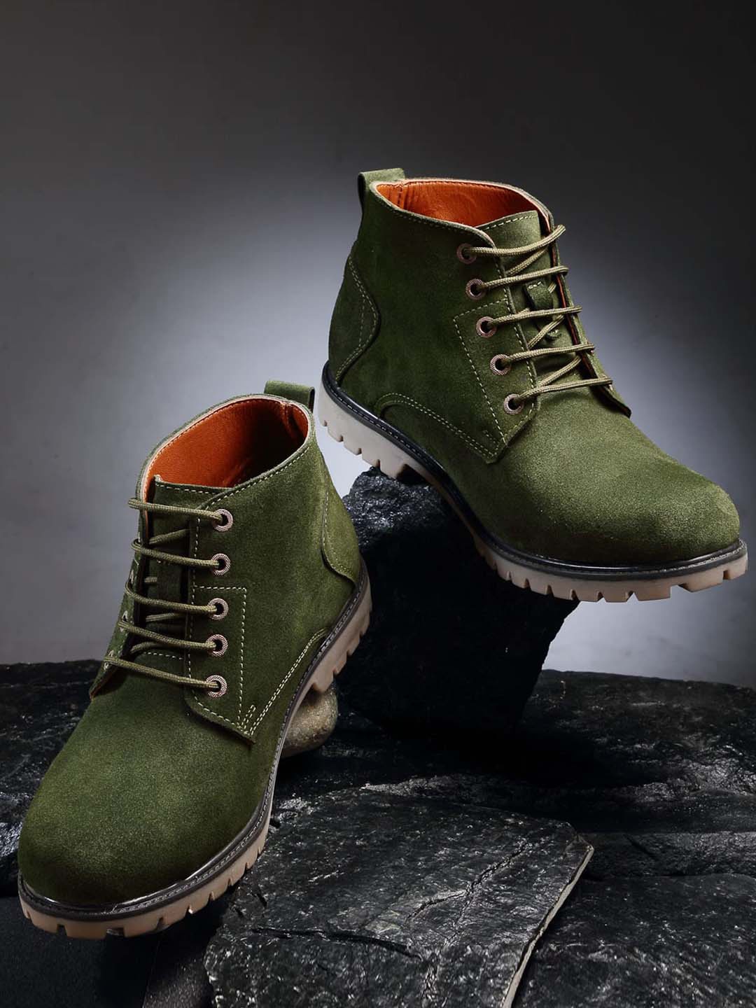 

LOUIS STITCH Men Mid Top Suede Block Heel Biker Boots, Green