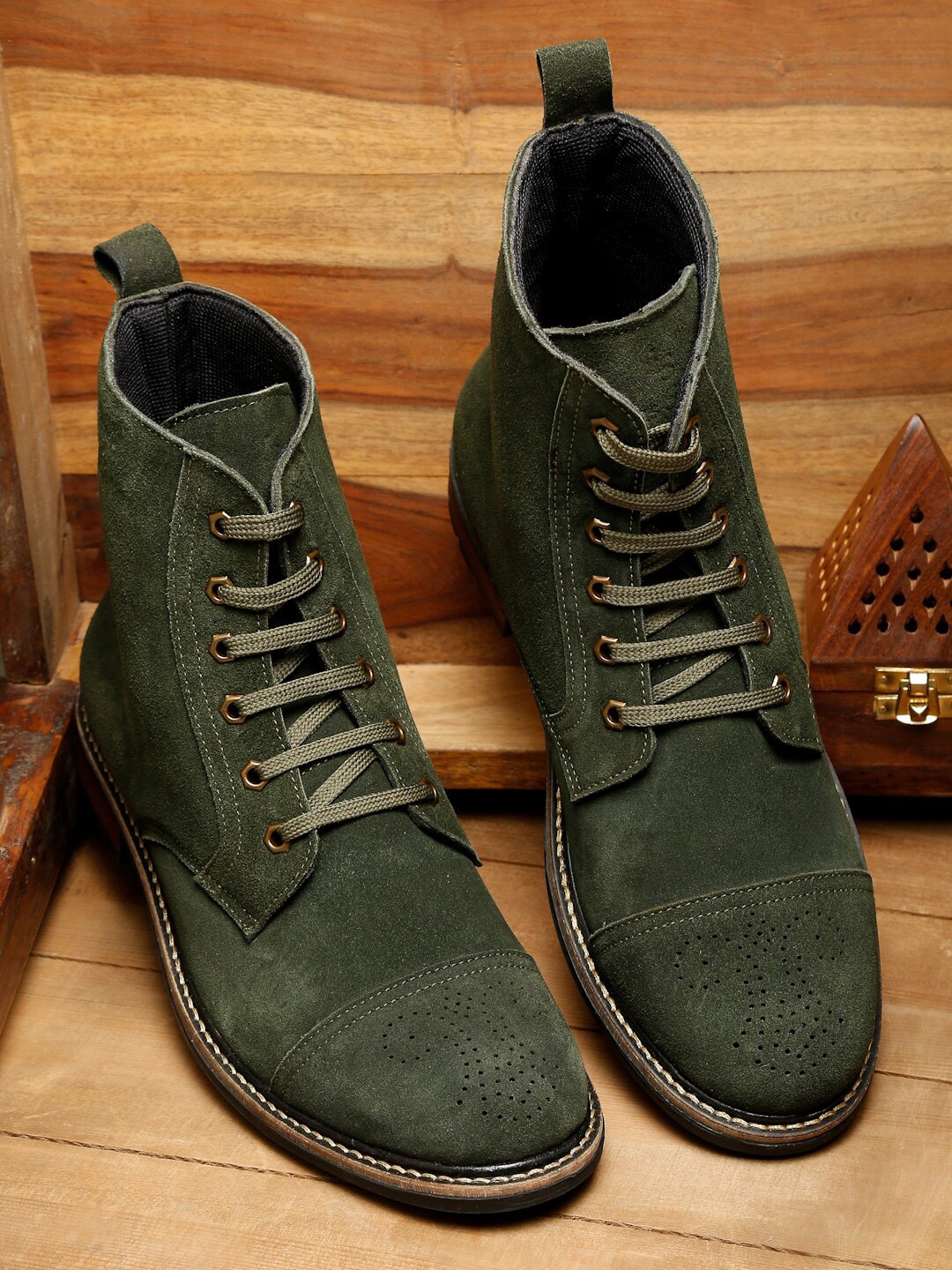 

LOUIS STITCH Men Perforated Suede Mid-Top Biker Boots, Green