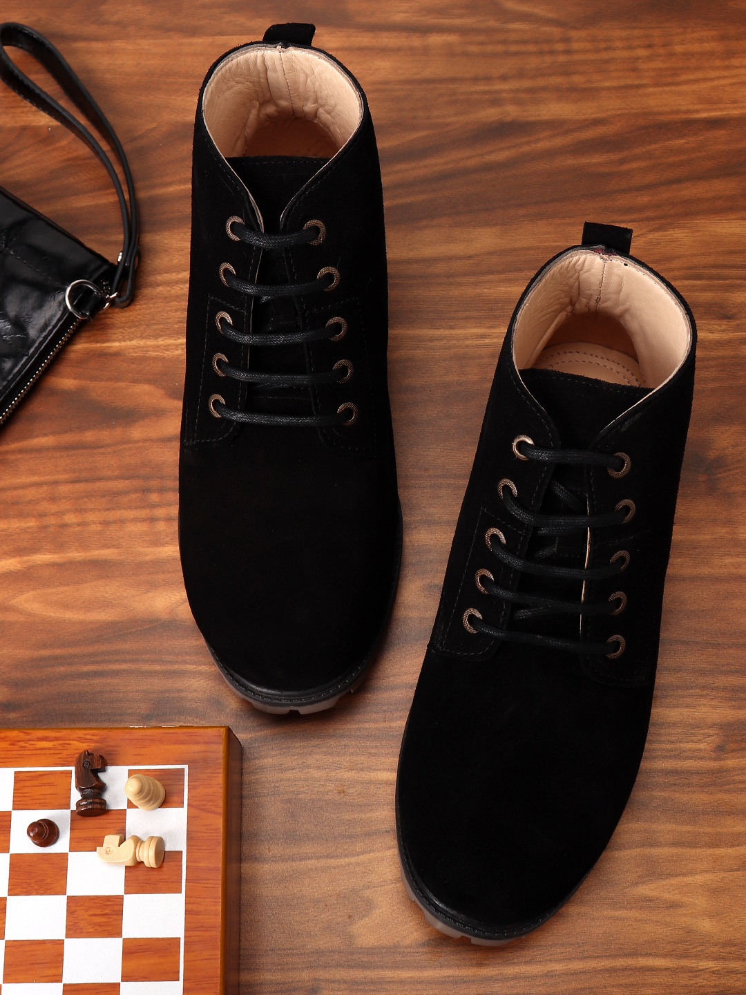 

LOUIS STITCH Men Mid-Top Suede Biker Boots, Black