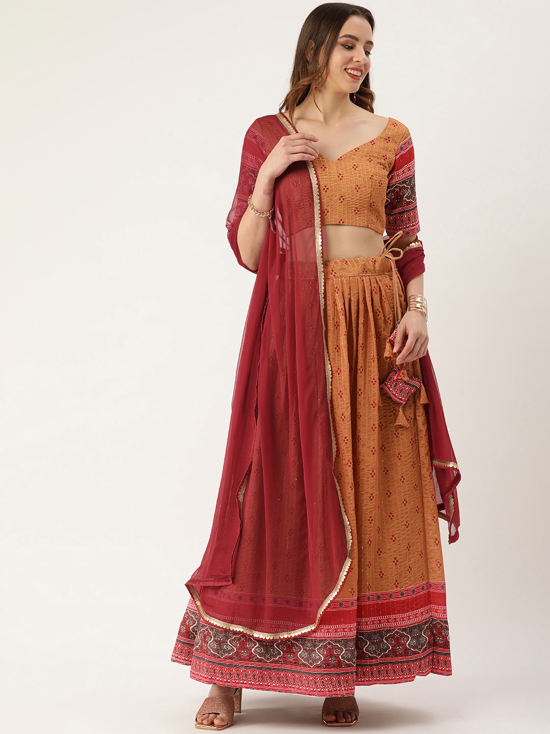 

LOOKNBOOK ART Chinon Print With Crochet Sequins Embroidered Lehenga choli, Brown