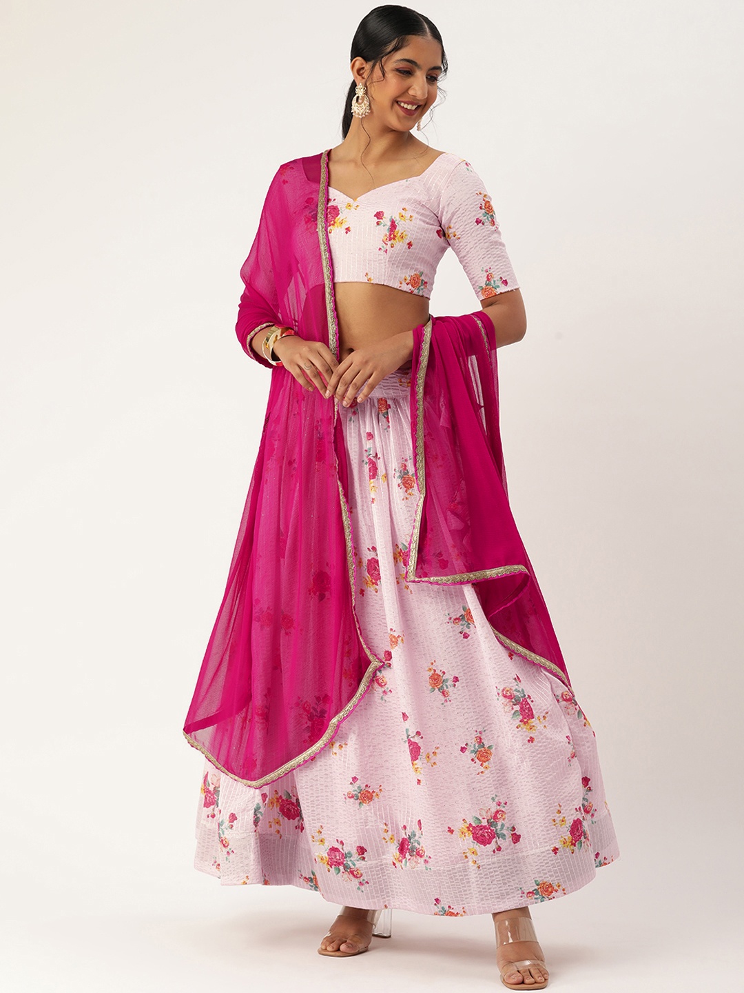 

LOOKNBOOK ART Chinon Print With Crochet Sequins Embroidered Lehenga choli, Pink