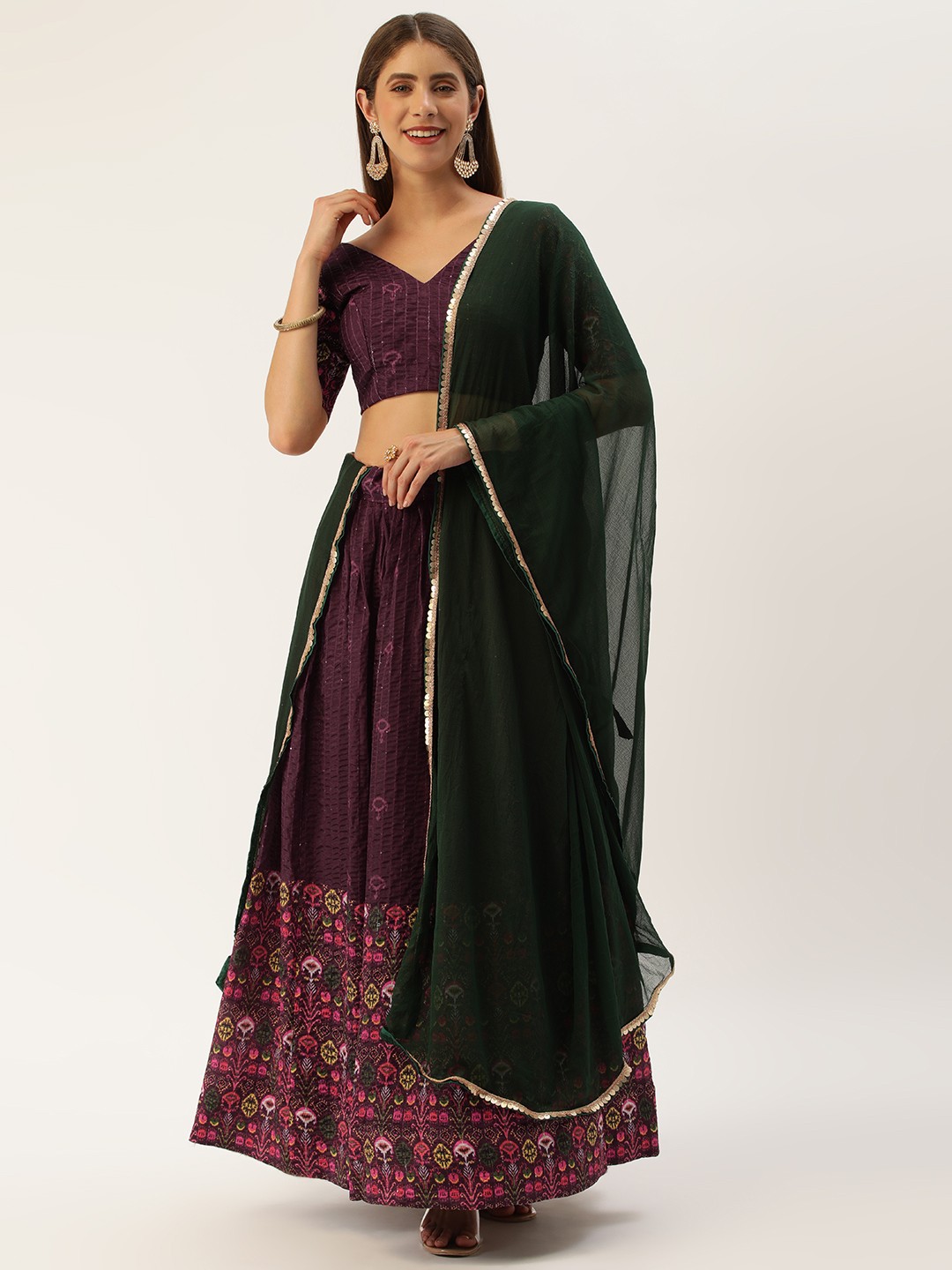 

LOOKNBOOK ART Embroidered Sequinned Semi-Stitched Lehenga & Unstitched Blouse With Dupatta, Burgundy
