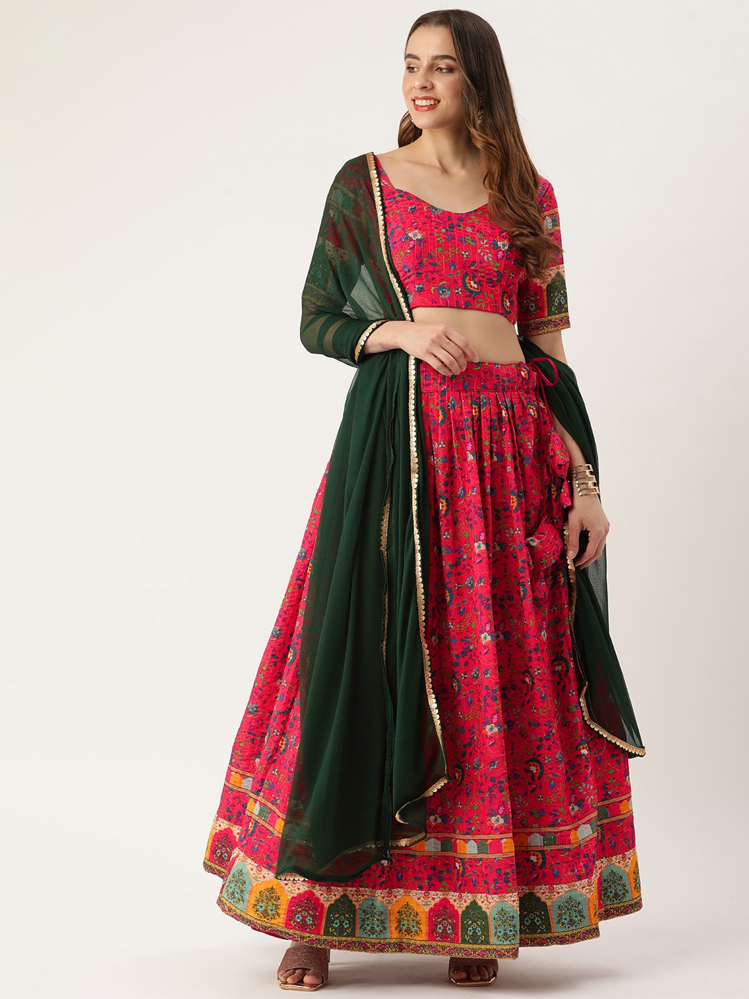 

LOOKNBOOK ART Chinon Printed With Crochet Sequins Embroidered Lehenga choli, Pink