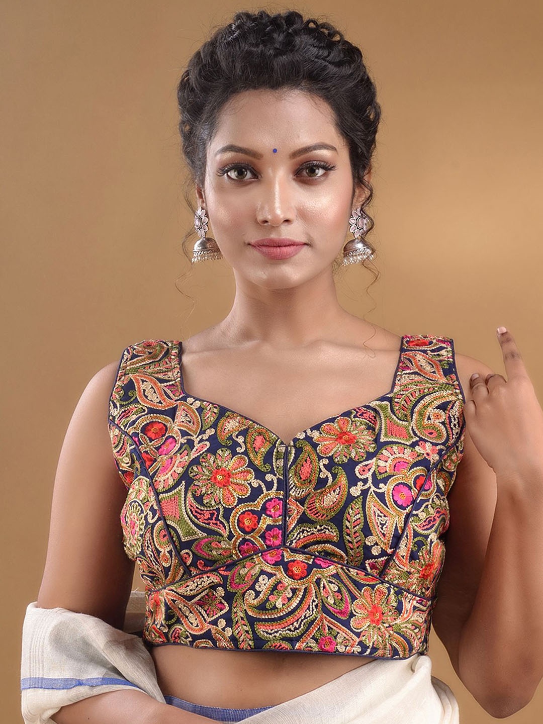 

Charukriti Floral Embroidered Sleeveless Saree Blouse, Navy blue