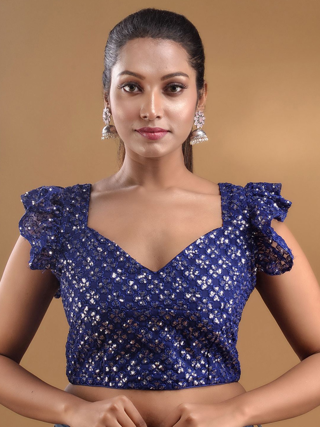 

Charukriti Embroidered Georgette Sweetheart Neck Saree Blouse, Navy blue