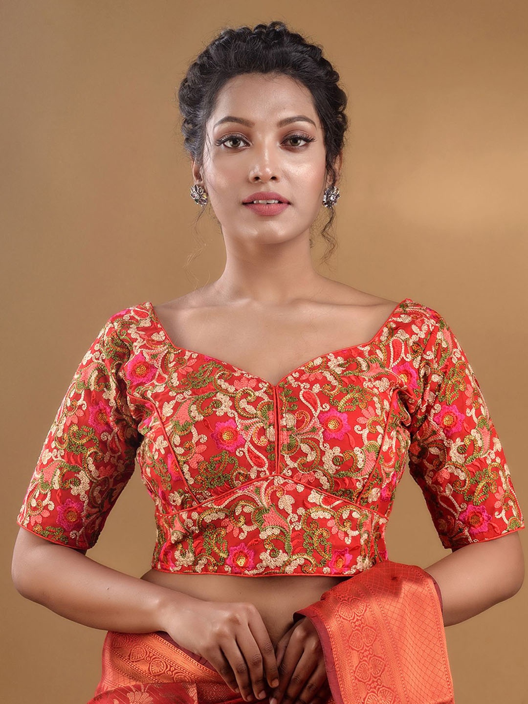 

Charukriti Floral Embroidered Georgette Saree Blouse, Red