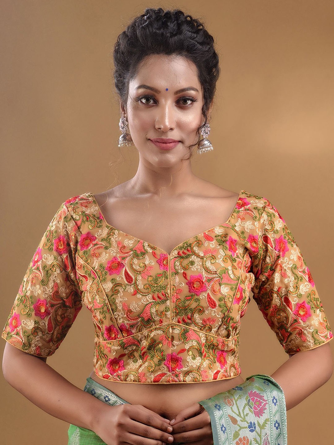 

Charukriti Floral Embroidered Short Sleeves Saree Blouse, Beige