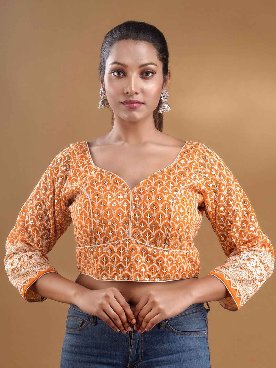 

Charukriti Floral Embroidered Three-Fourth Sleeves Saree Blouse, Orange