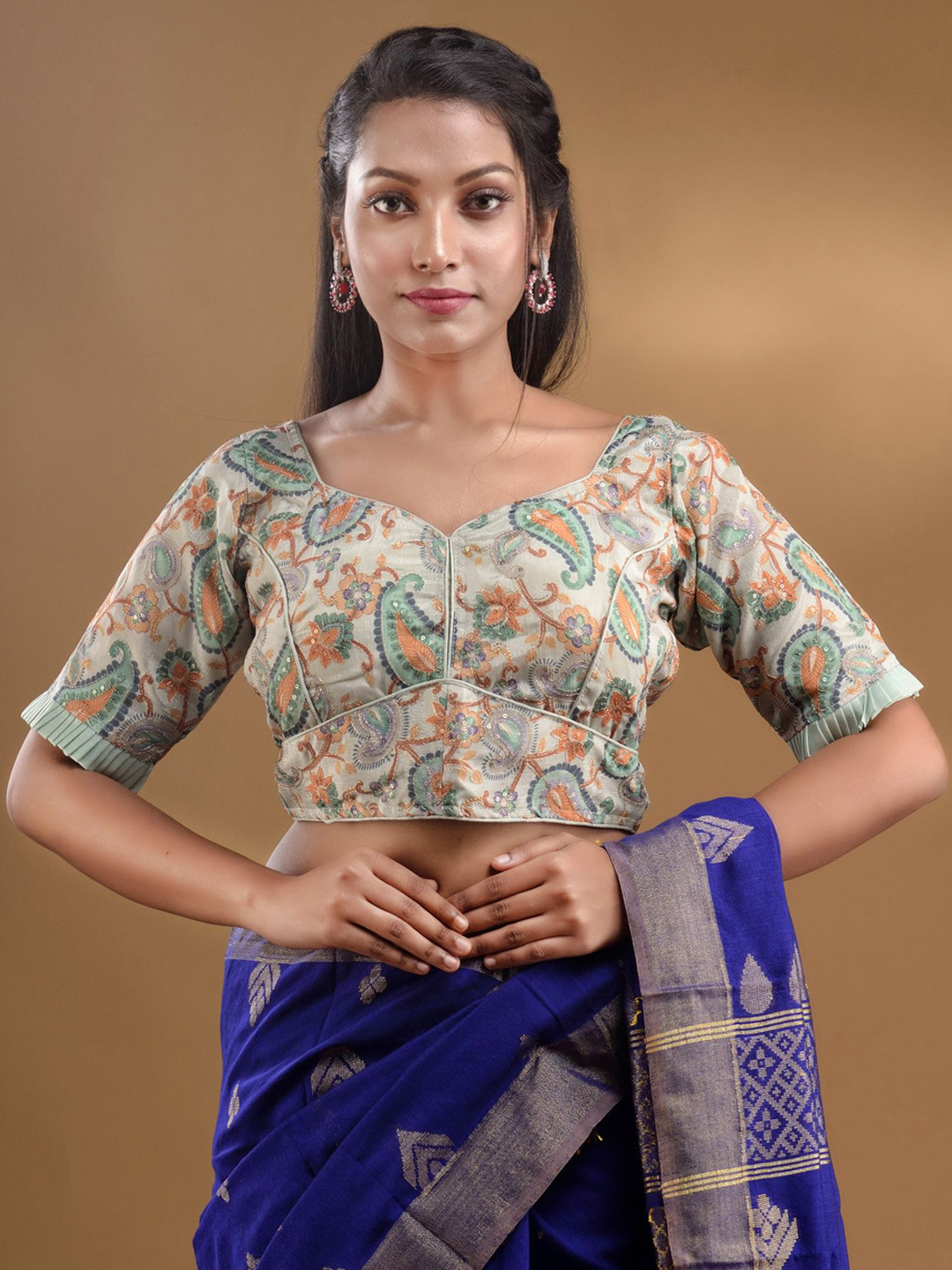 

Charukriti Floral & Paisley Printed Short Sleeves Saree Blouse, Sea green