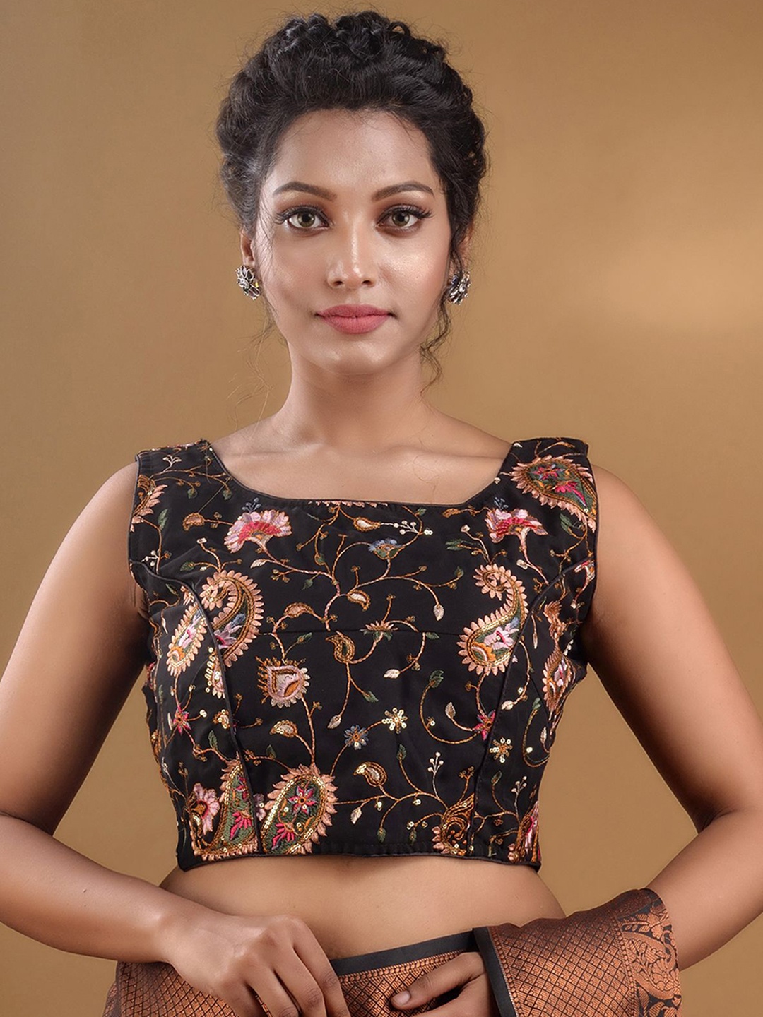 

Charukriti Floral Embroidered Saree Blouse, Black
