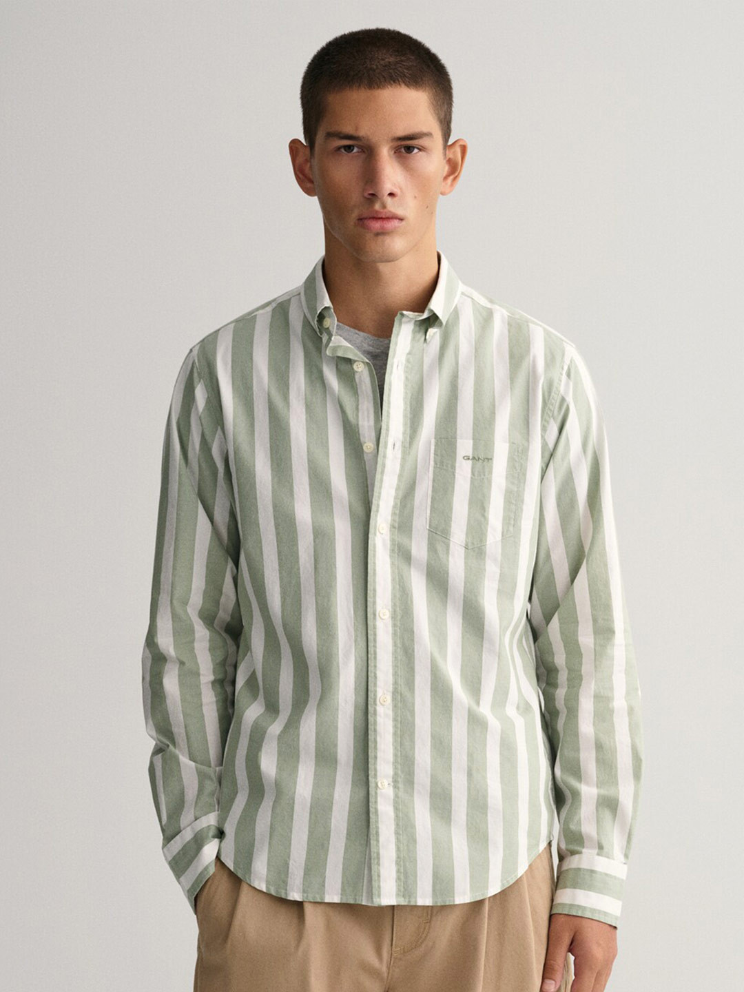 

GANT Modern Untucked Wide Striped Button Down Collar Cotton Casual Shirt, Green