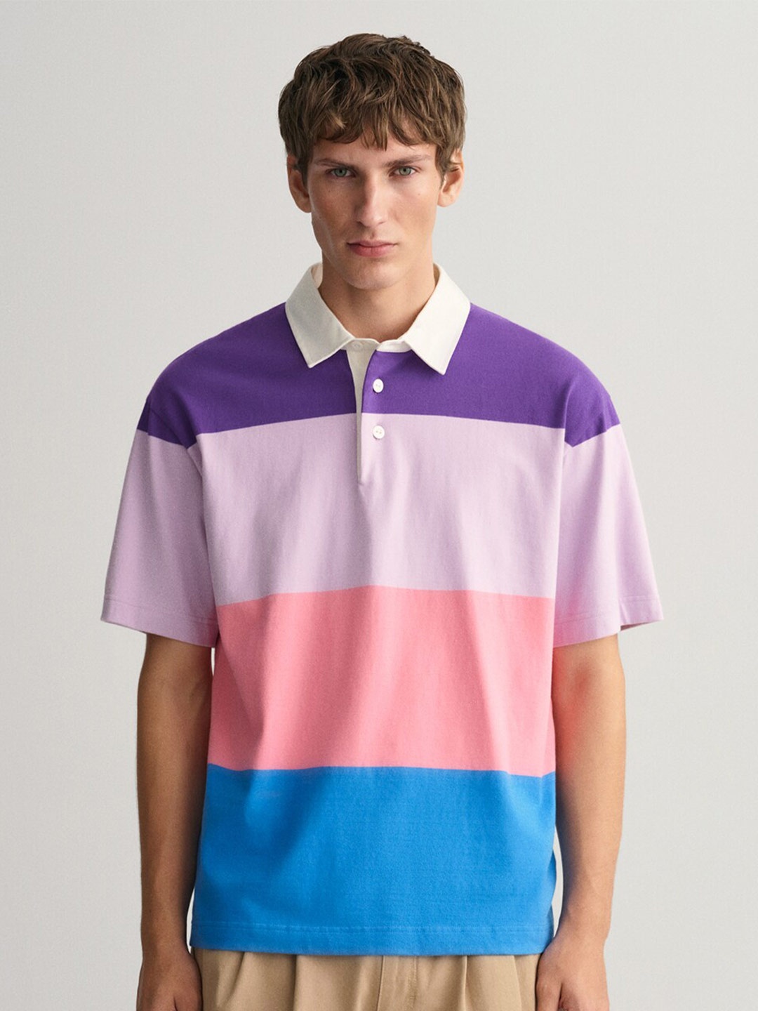 

GANT Retro Block Striped Polo Collar Cotton T-shirt, Purple