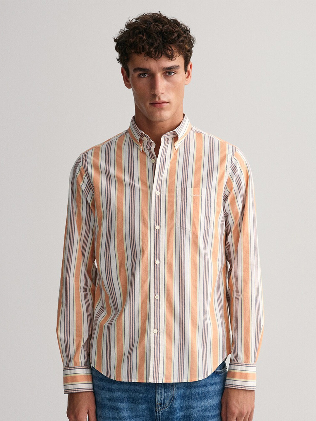 

GANT Modern Untucked Colorful Striped Button Down Collar Cotton Casual Shirt, Orange