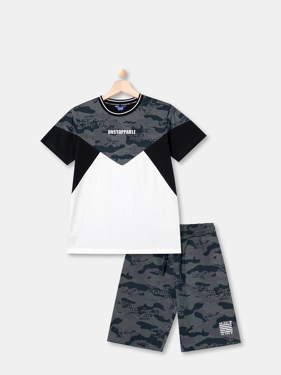 

R&B Boys Printed Pure Cotton T-shirt with Shorts Set, Black