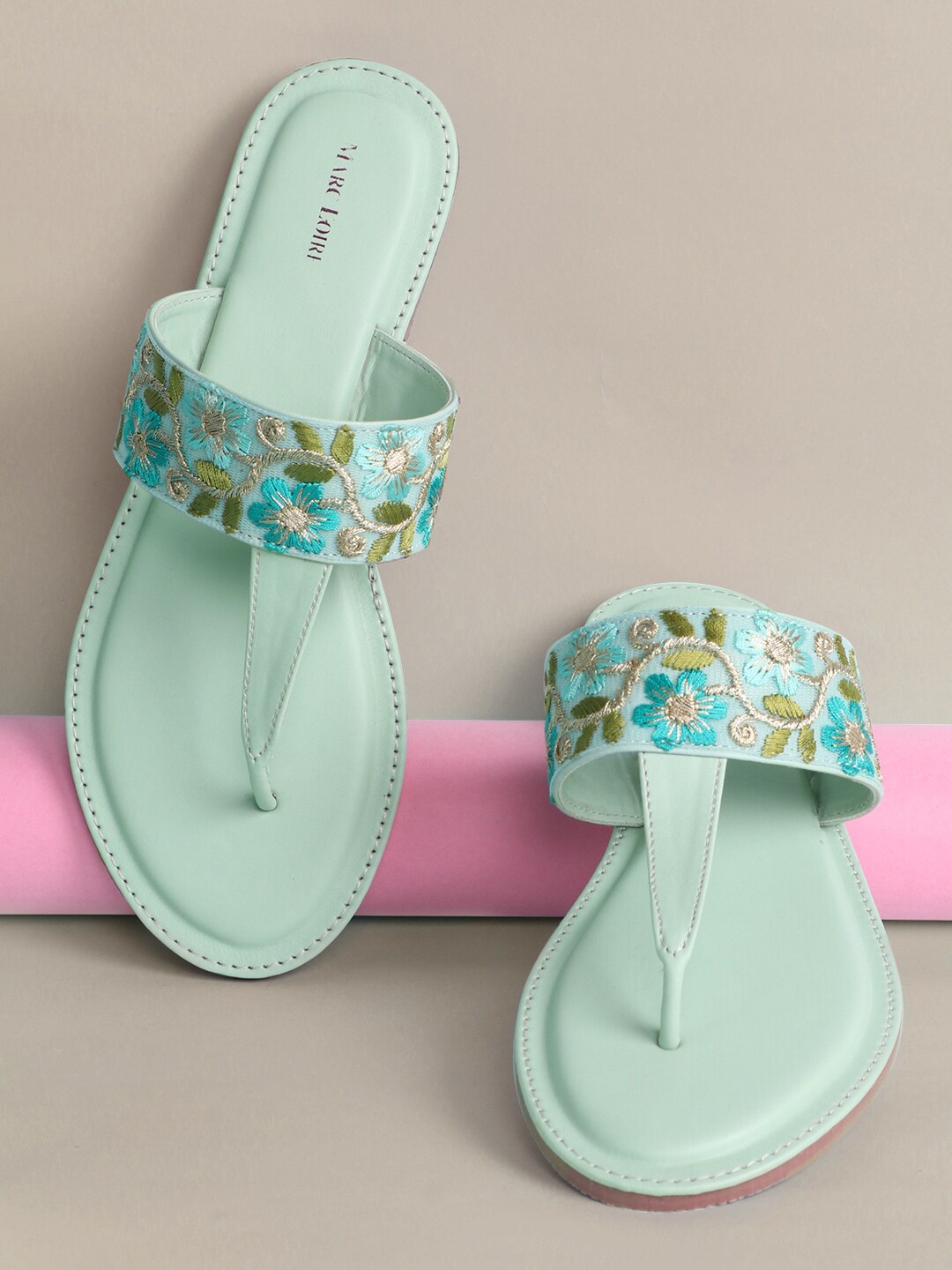 

Marc Loire Embroidered Ethnic T-Strap Flats, Sea green