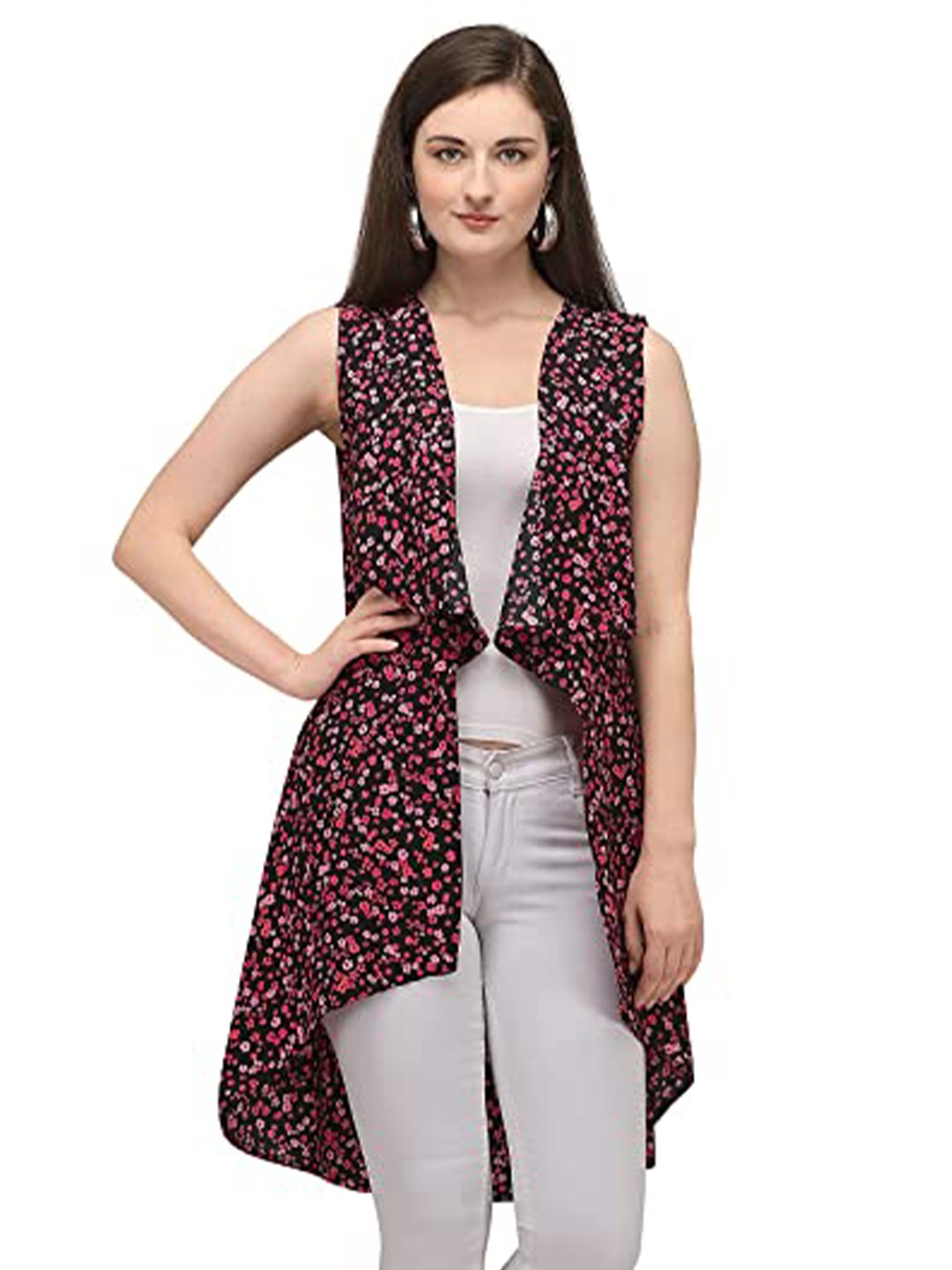 

Fashfun Women Printed Longline Front Open Shrug, Black