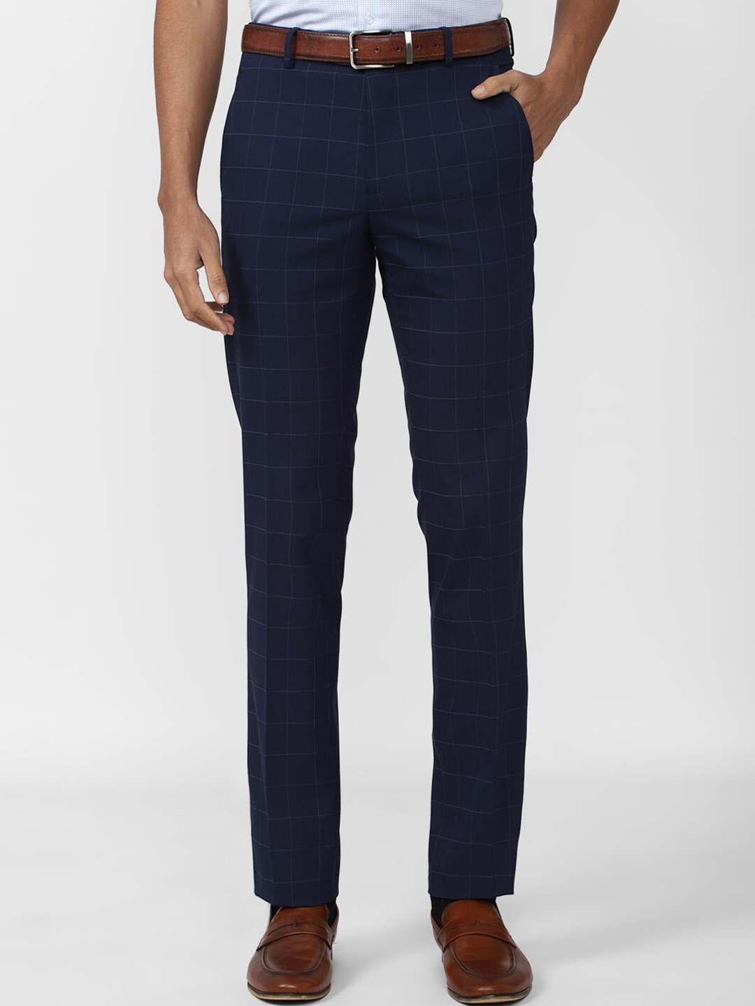 

Van Heusen Men Checked Slim Fit Formal Trousers, Navy blue