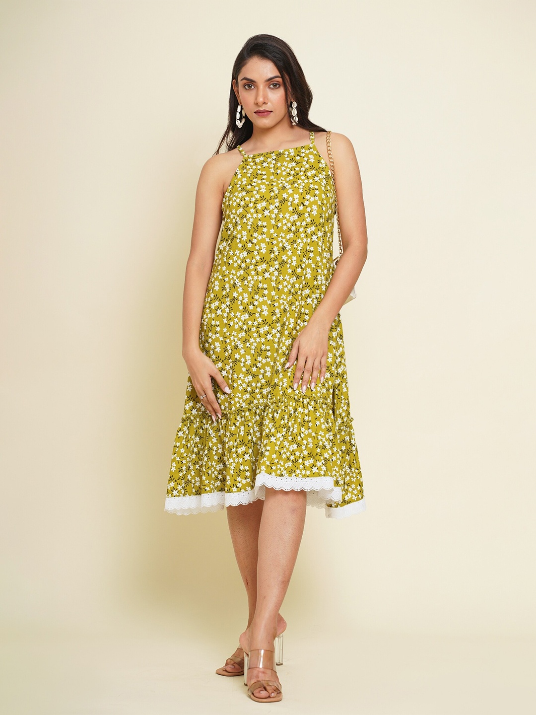 

FLAMBOYANT Floral Printed Flounce A-Line Midi Dress, Green