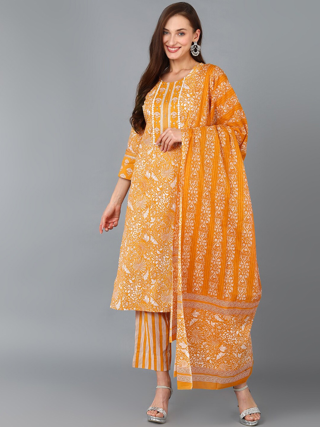 

AHIKA Yellow Floral Printed Sequinned Pure Cotton Kurta with Trousers & Dupatta, Mustard