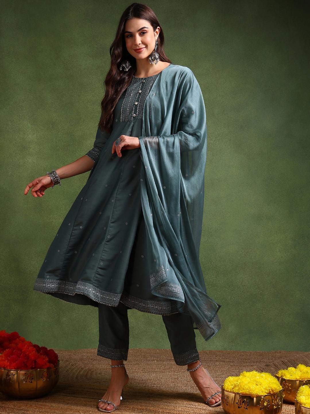 

AHIKA Ethnic Motifs Printed Anarkali Kurta With Trousers & Dupatta, Teal