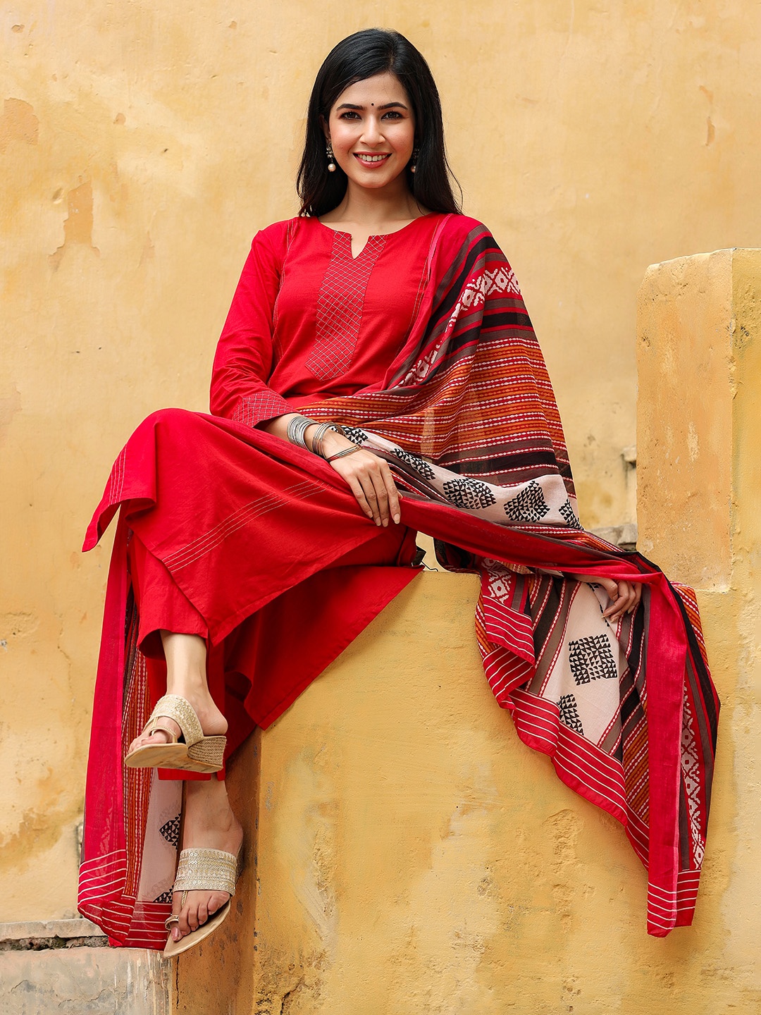 

AHIKA Thread Work Kurta with Trousers & Dupatta, Red
