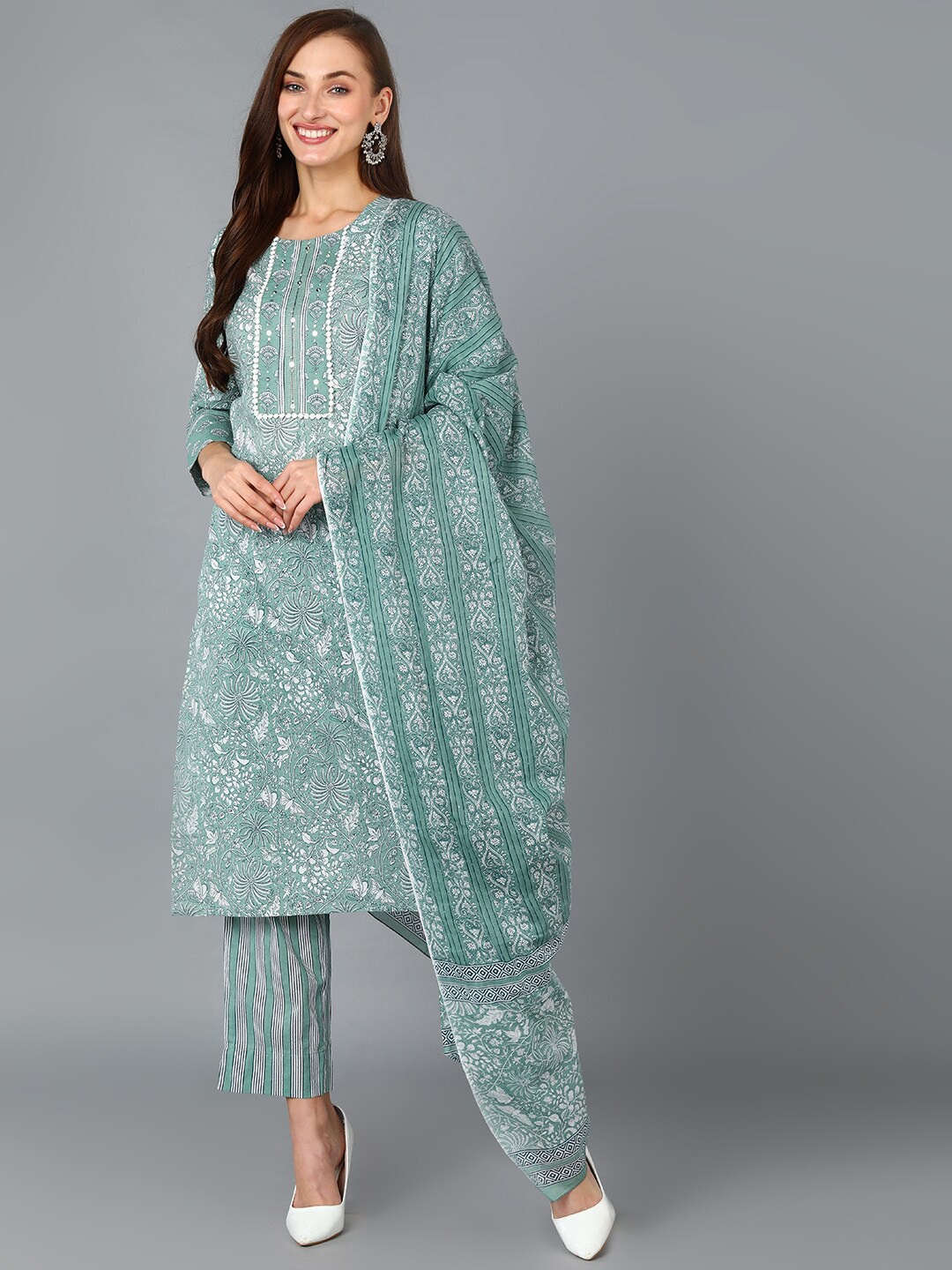 

AHIKA Floral Printed Sequinned Pure Cotton Kurta with Trousers & Dupatta, Green