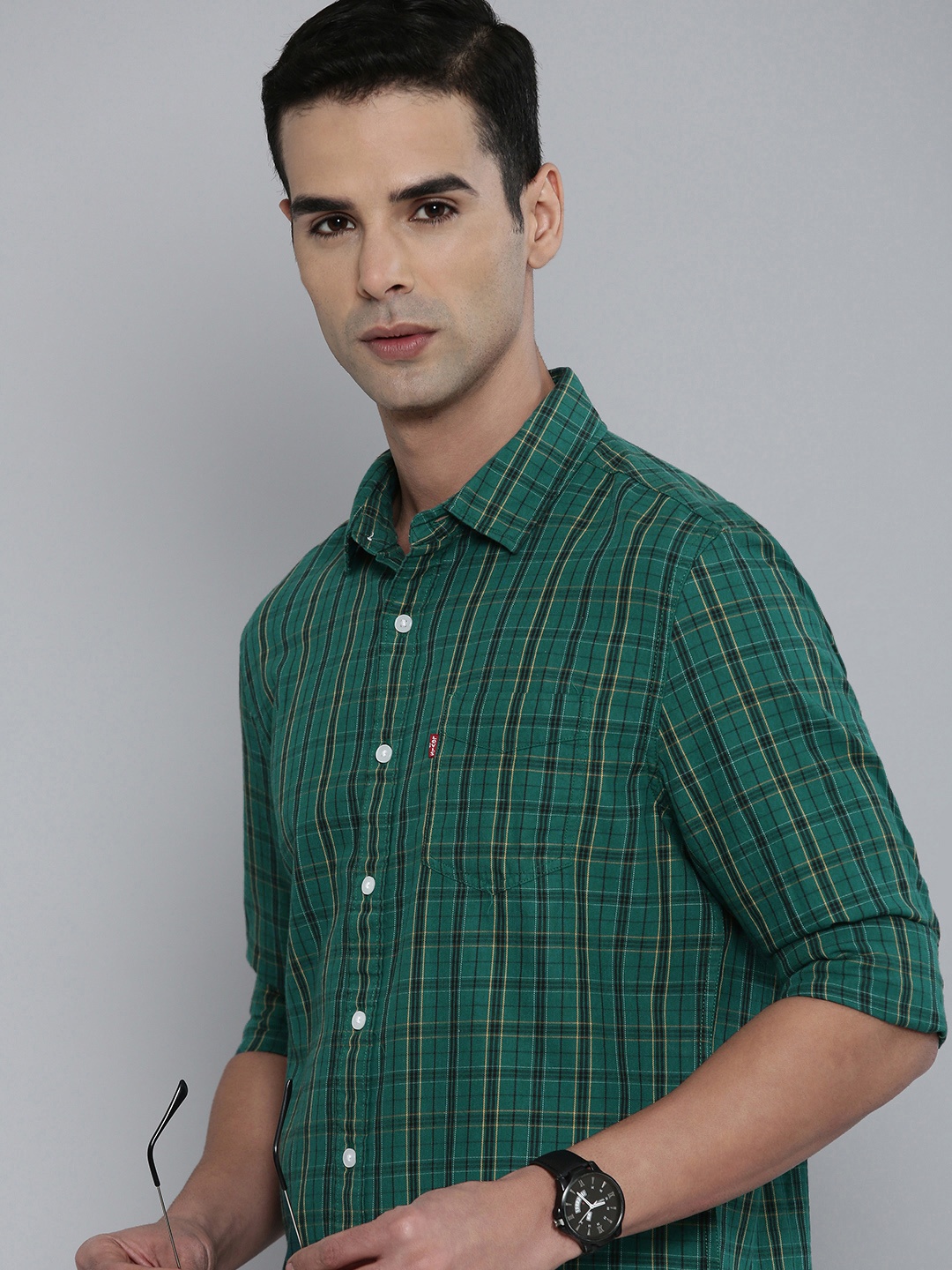 

Levis Slim Fit Checked Pure Cotton Casual Shirt, Green