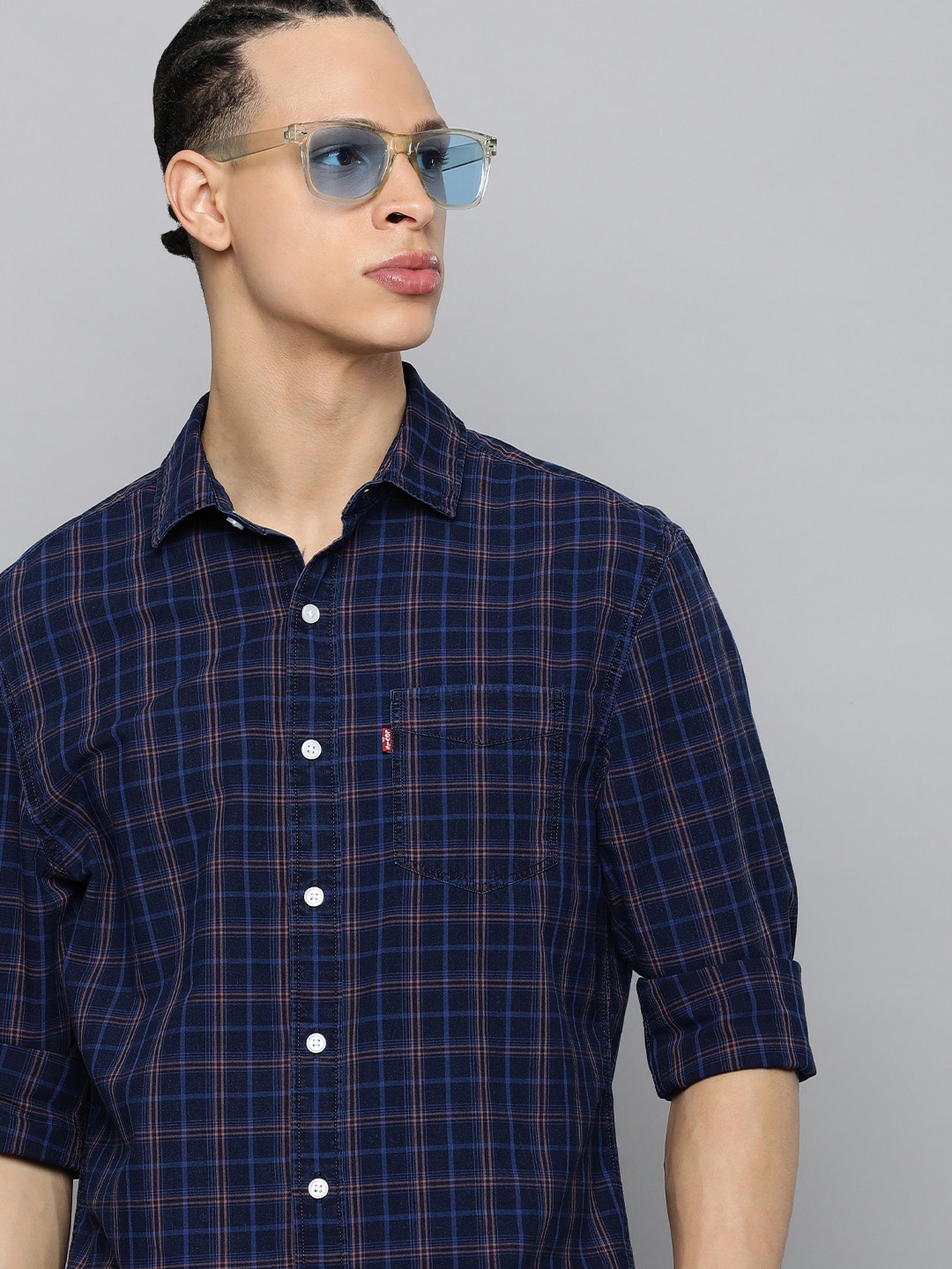 

Levis Men Slim Fit Tartan Checks Opaque Pure Cotton Casual Shirt With Chest Pocket, Navy blue