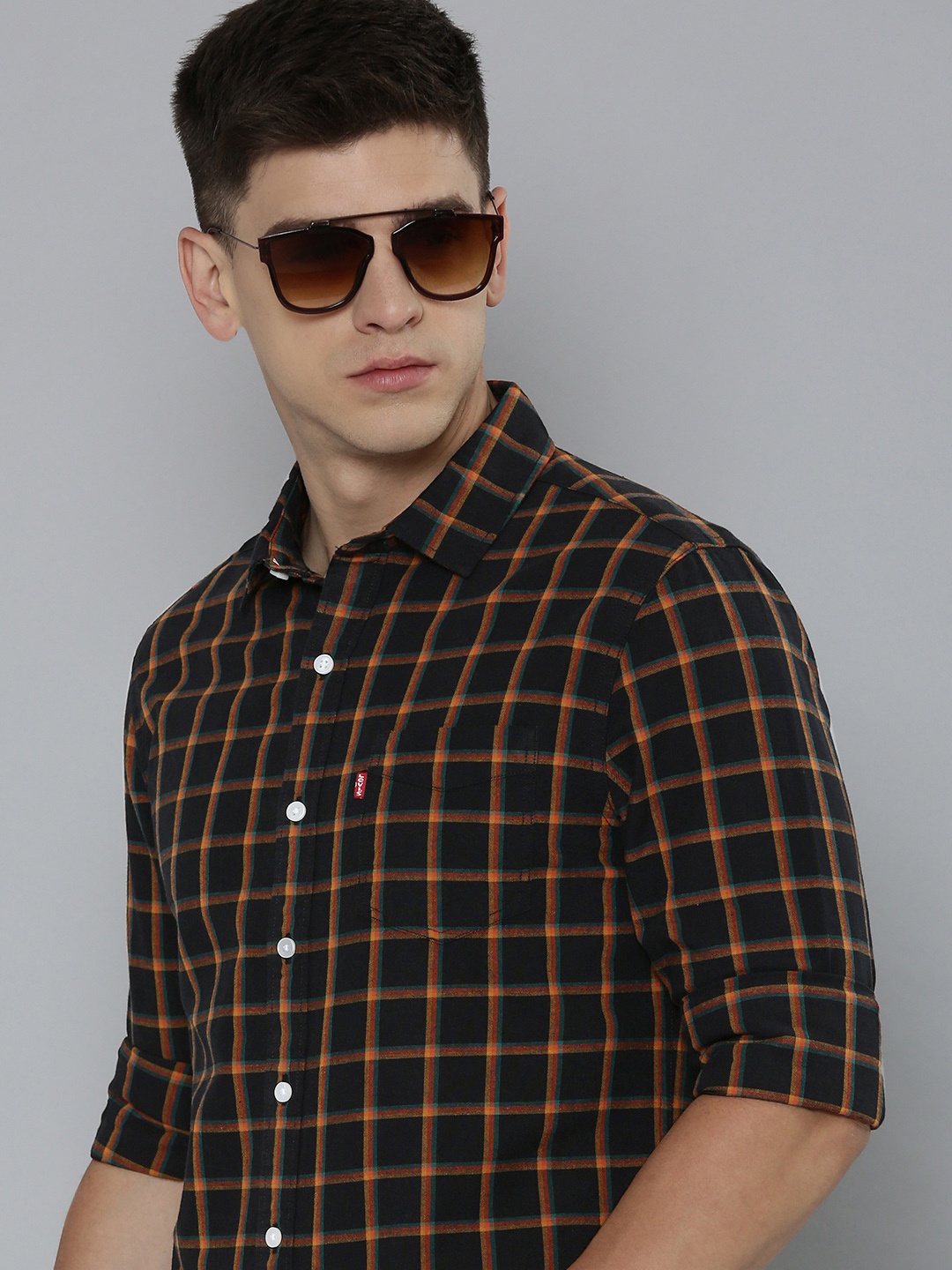 

Levis Slim Fit Grid Tattersall Checked Pure Cotton Casual Shirt, Black