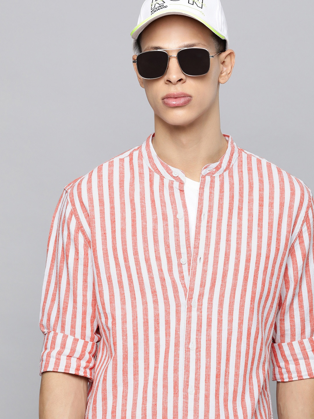

Levis Slim Fit Striped Mandarin-Collar Casual Shirt, Red