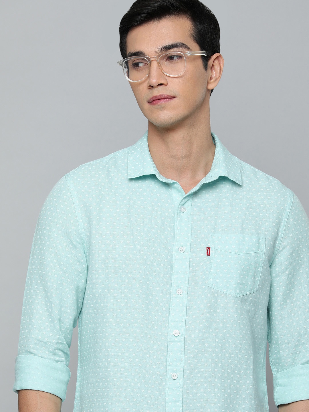 

Levis Men Linen Cotton Slim Fit Opaque Geometric Printed Casual Shirt, Green