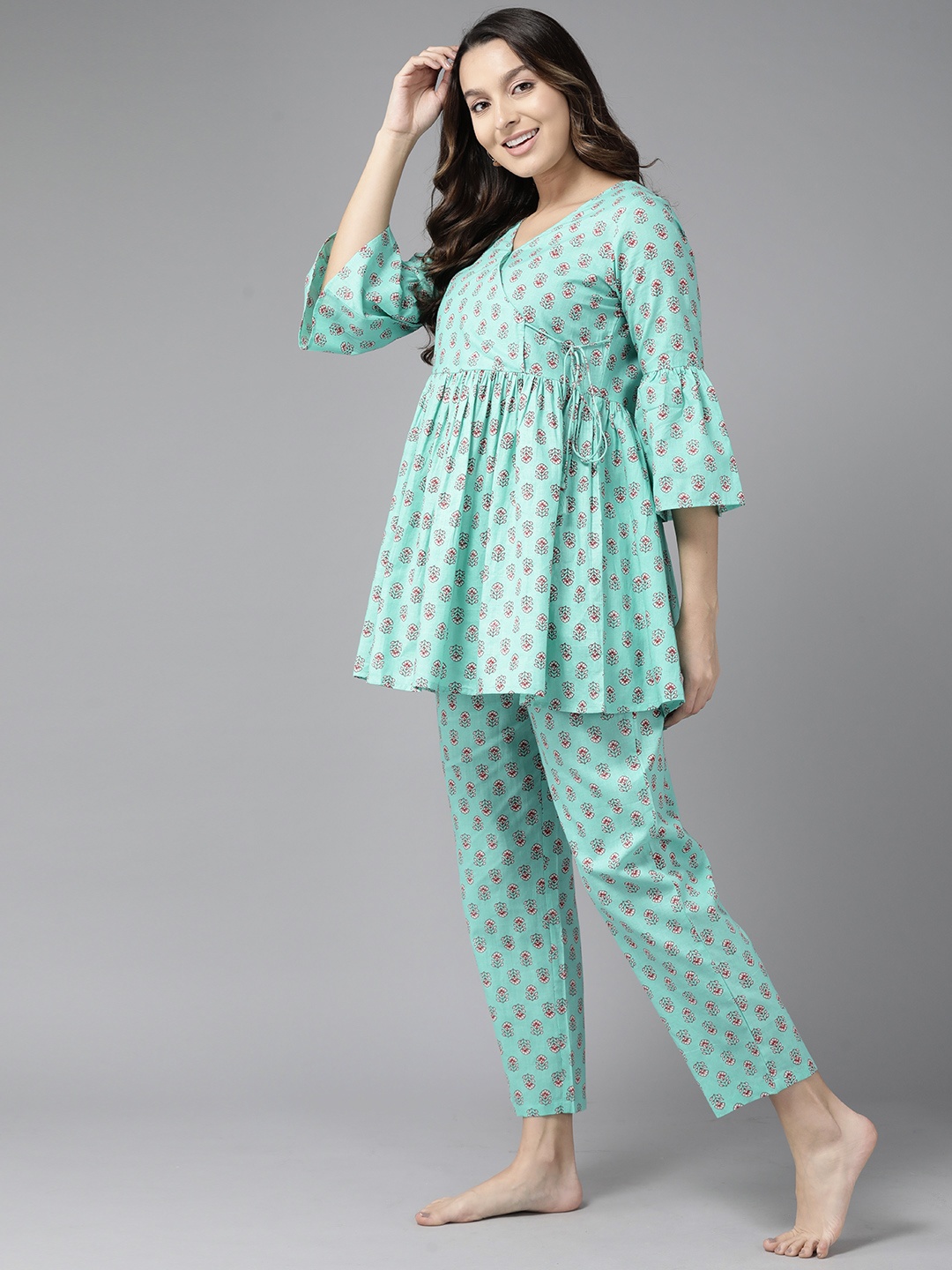 

Prakrti Printed Cotton Night suit, Sea green