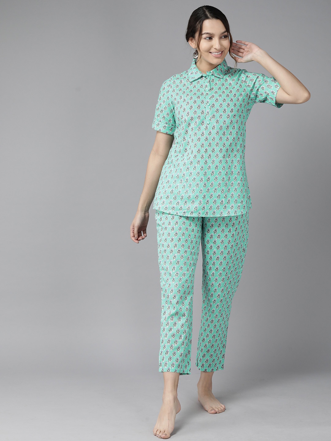 

Prakrti Floral Printed Pure Cotton Night suit, Sea green