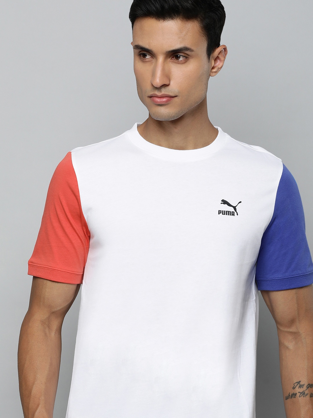 

Puma Men Pure Cotton Solid Outdoor Regular fit T-shirt With Contrast Colour Sleeves, White