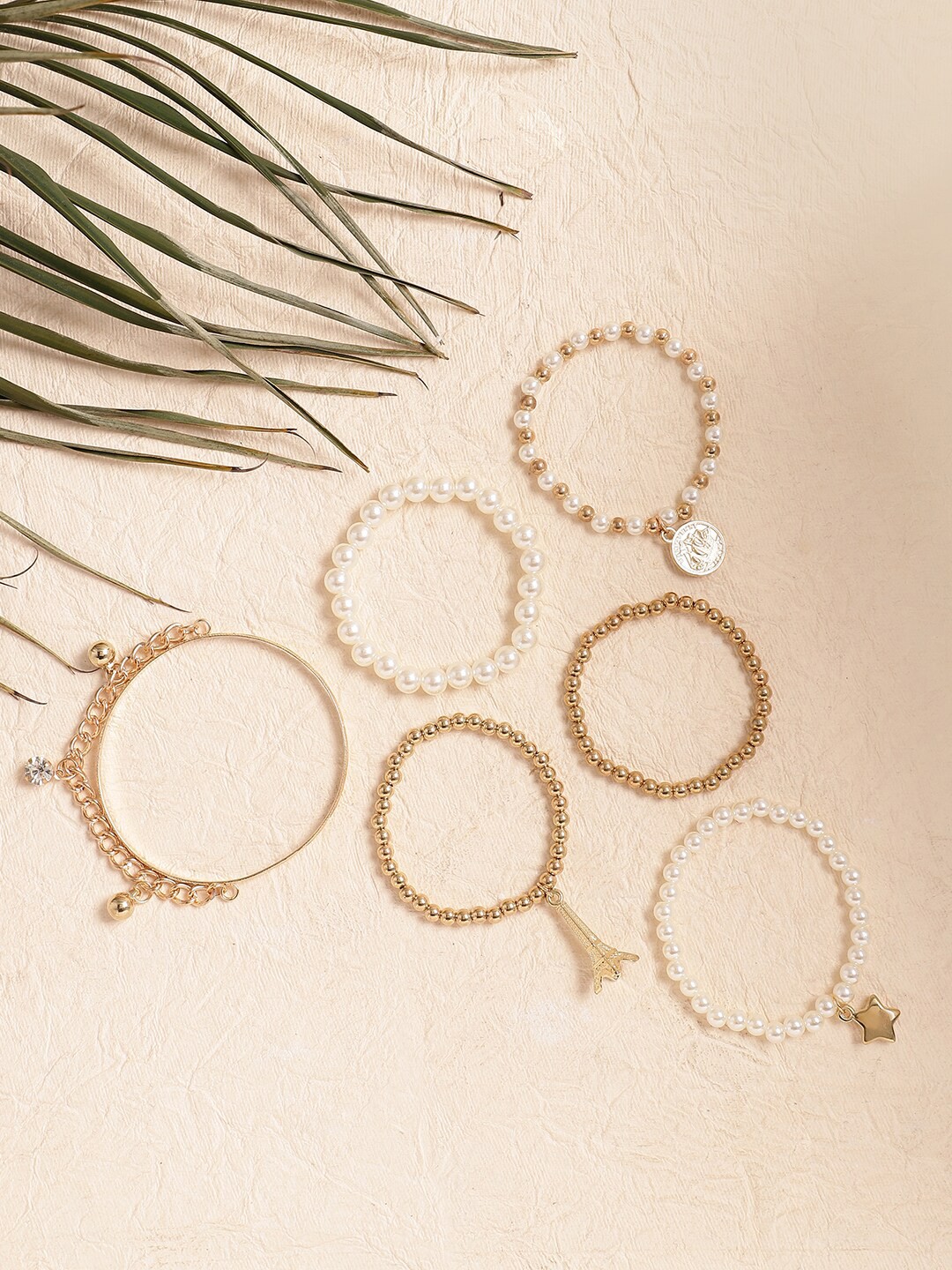 

SOHI Set Of 6 Gold-Plated Beaded Charm Bracelets, White
