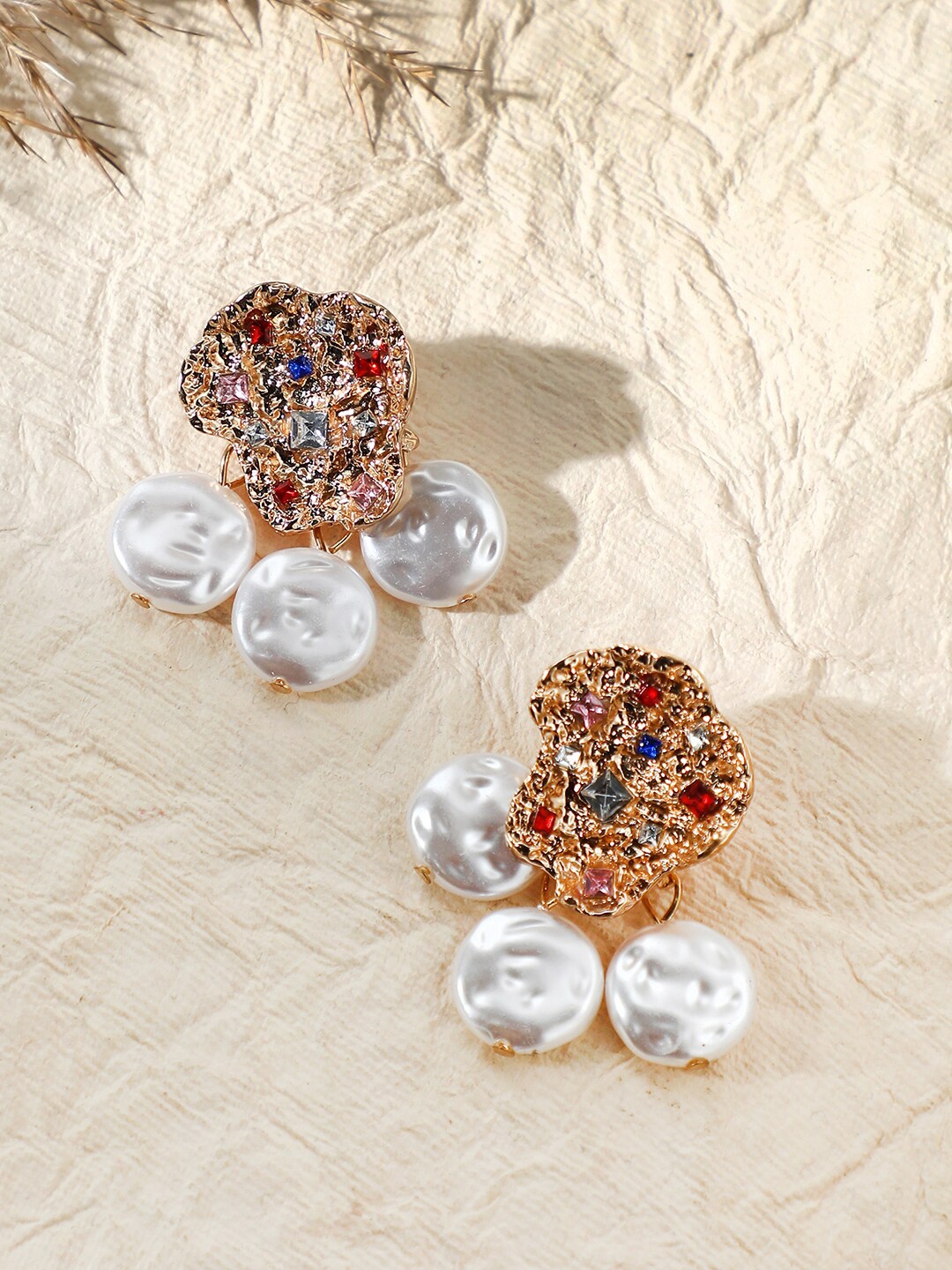 

SOHI Gold-Plated Contemporary Stone Studded Drop Earrings, White
