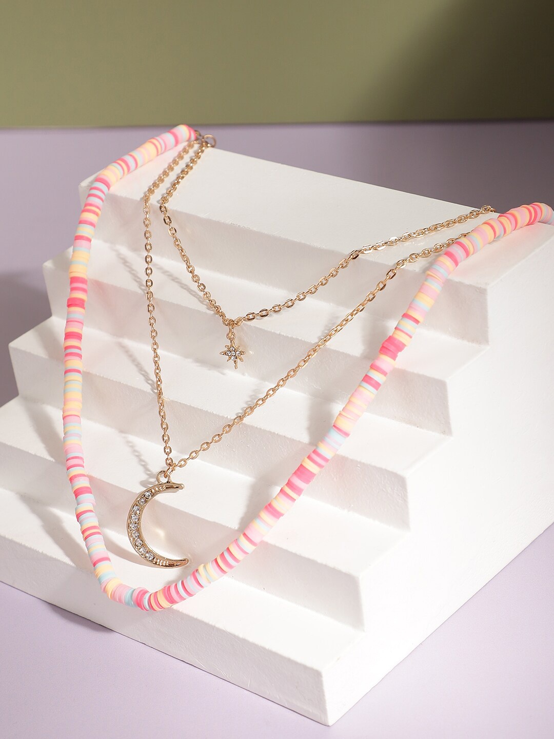 

SOHI Gold-Plated Layered Stone Studded Pendant Chain, Pink